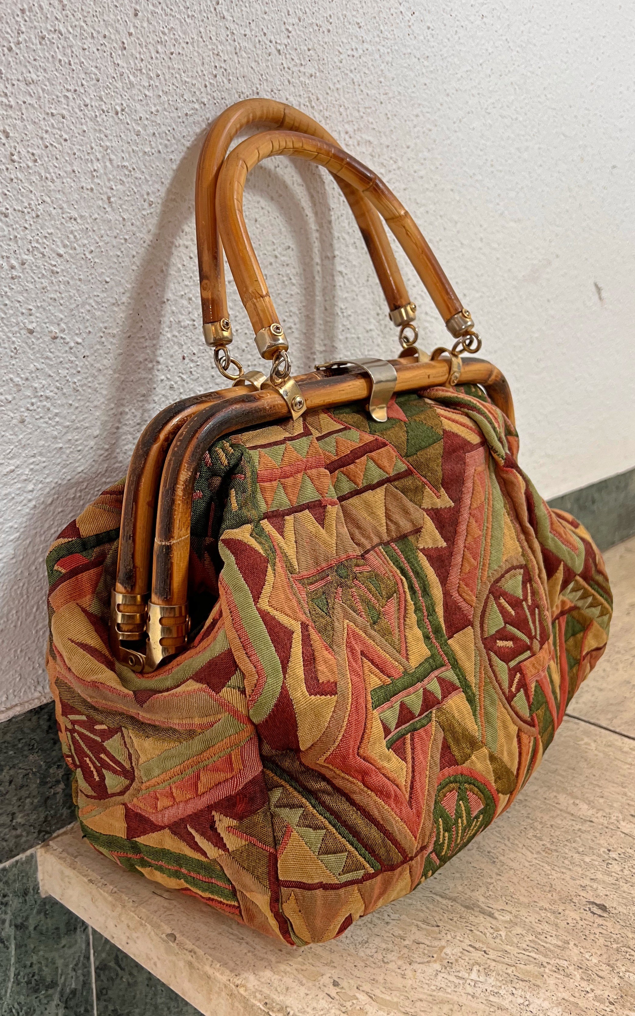 Vintage Tapestry Bamboo Handbag