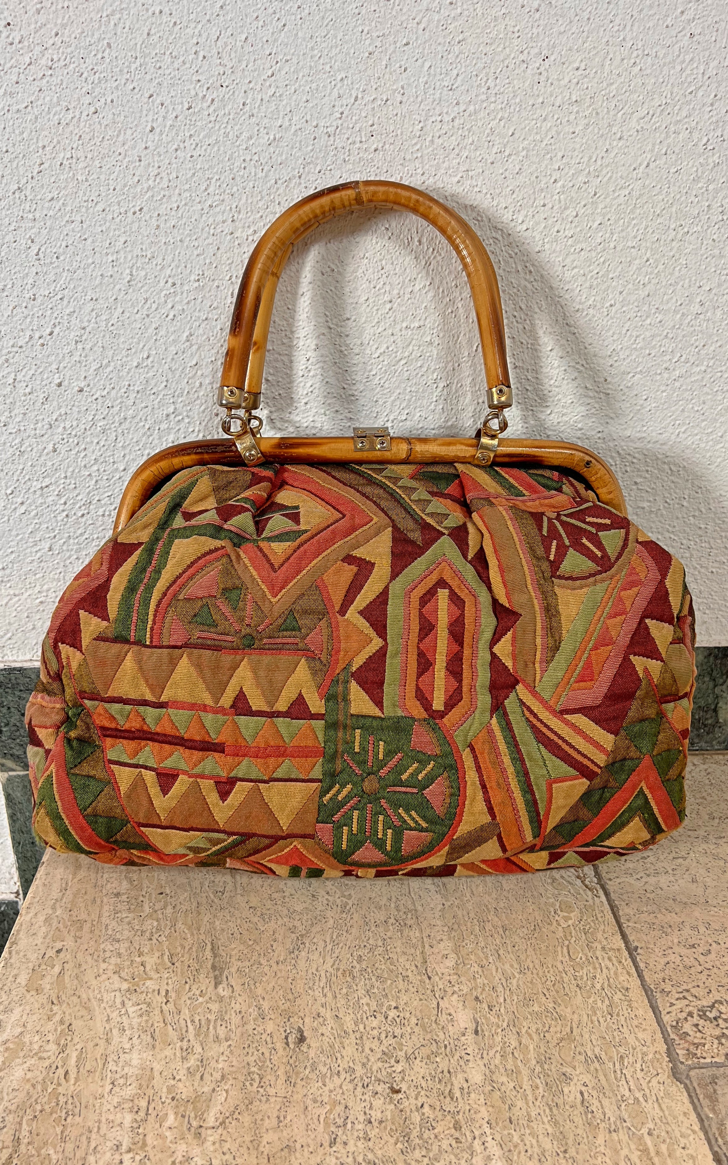 Vintage Tapestry Bamboo Handbag