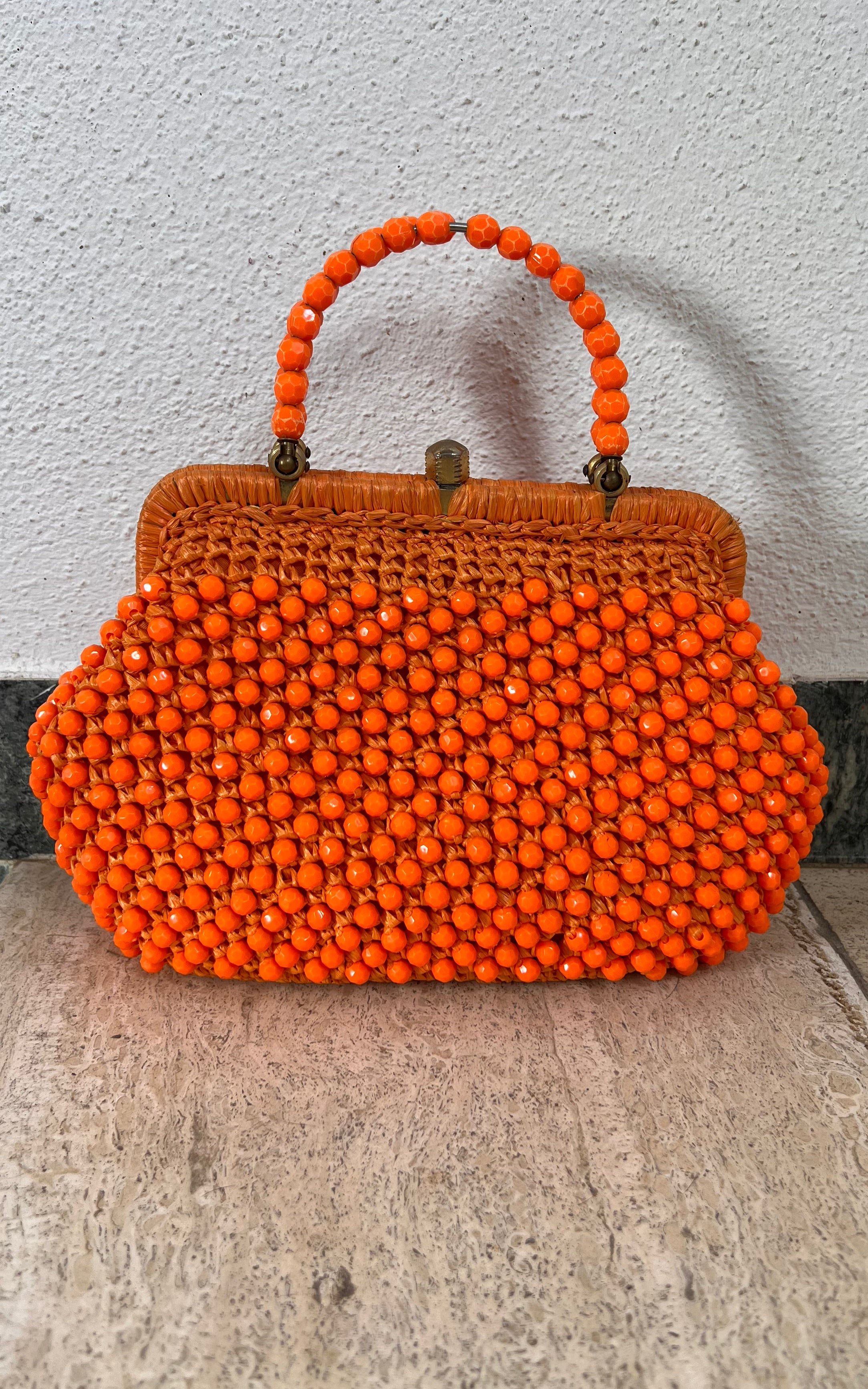 Vintage 60s Beaded Raffia Handbag - Bright Orange