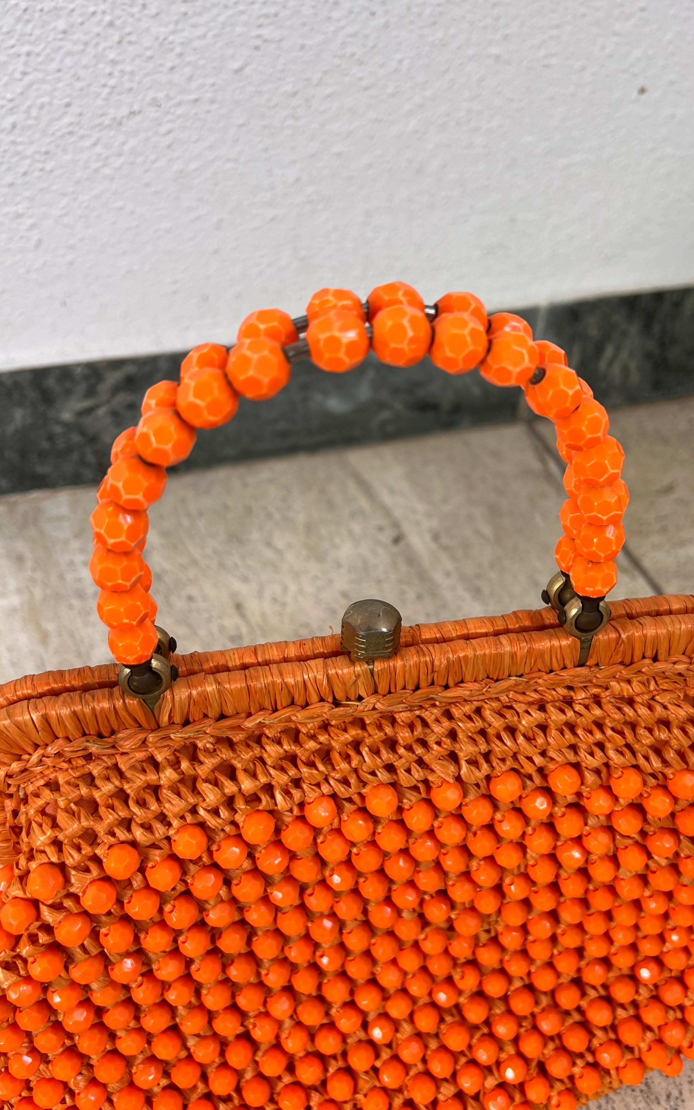 Vintage 60s Beaded Raffia Handbag - Bright Orange