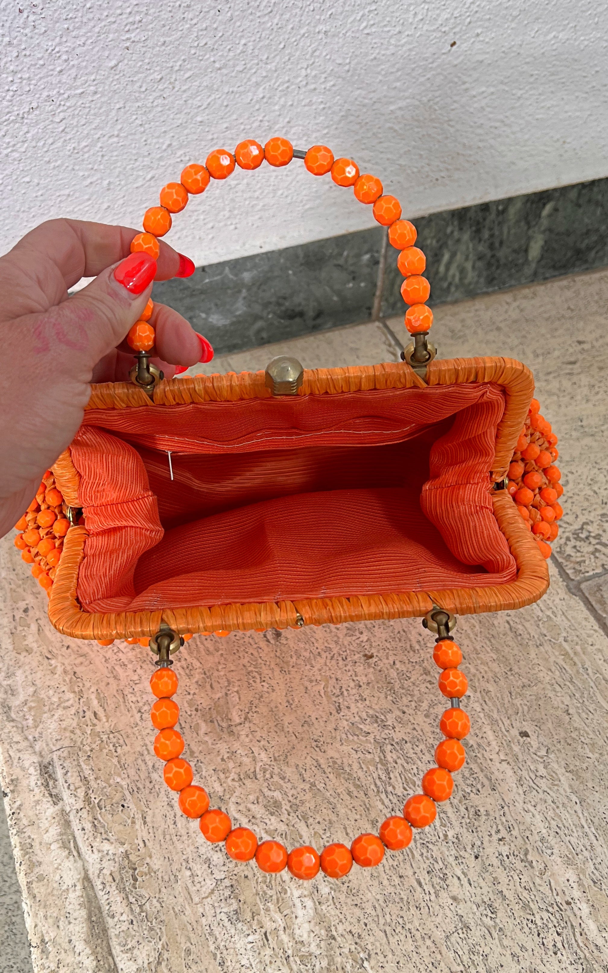 Vintage 60s Beaded Raffia Handbag - Bright Orange