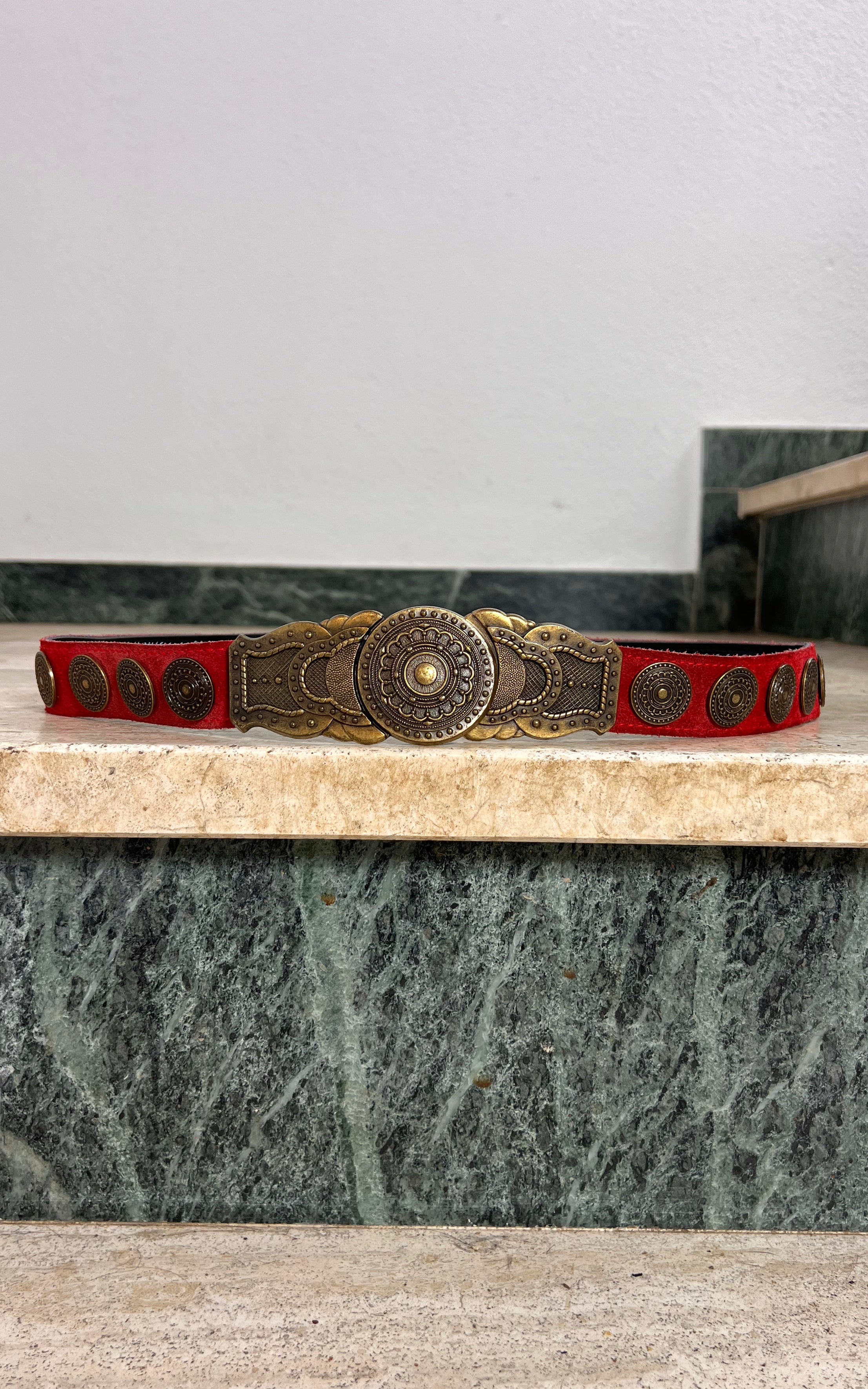 Vintage Red Suede & Ornate Brass Belt