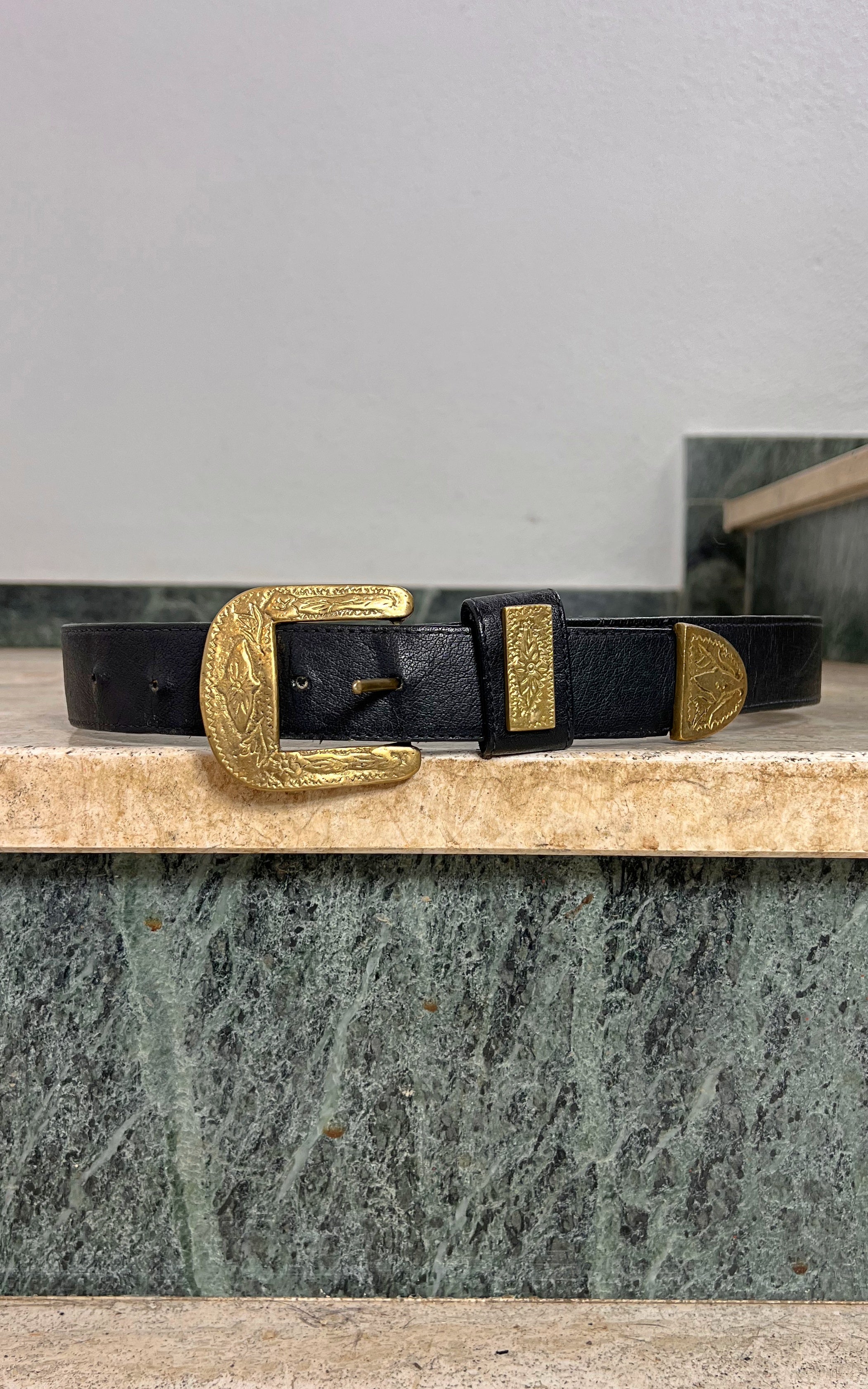 Vintage Western Leather Belt with Ornate Gold Tone Buckle