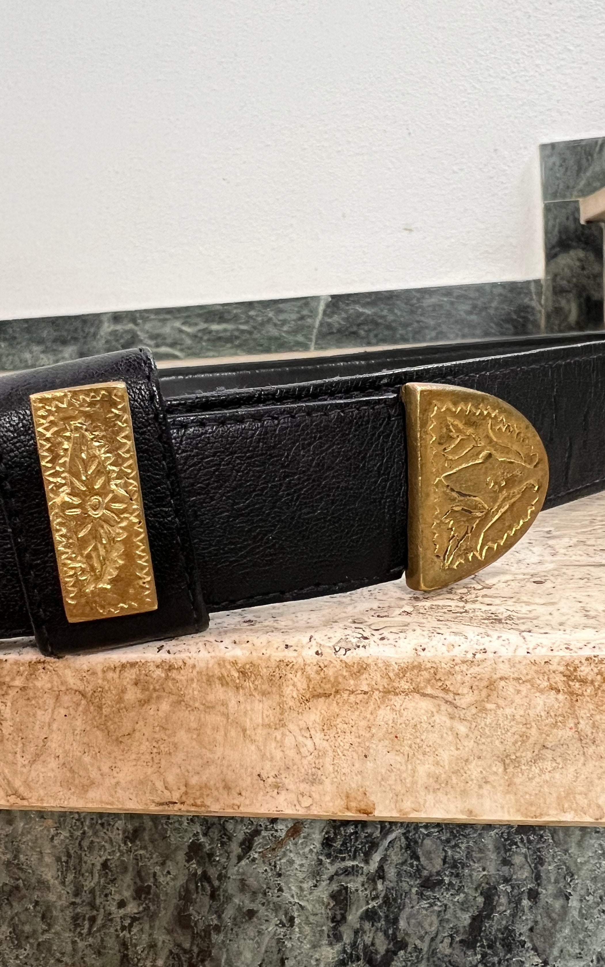 Vintage Western Leather Belt with Ornate Gold Tone Buckle