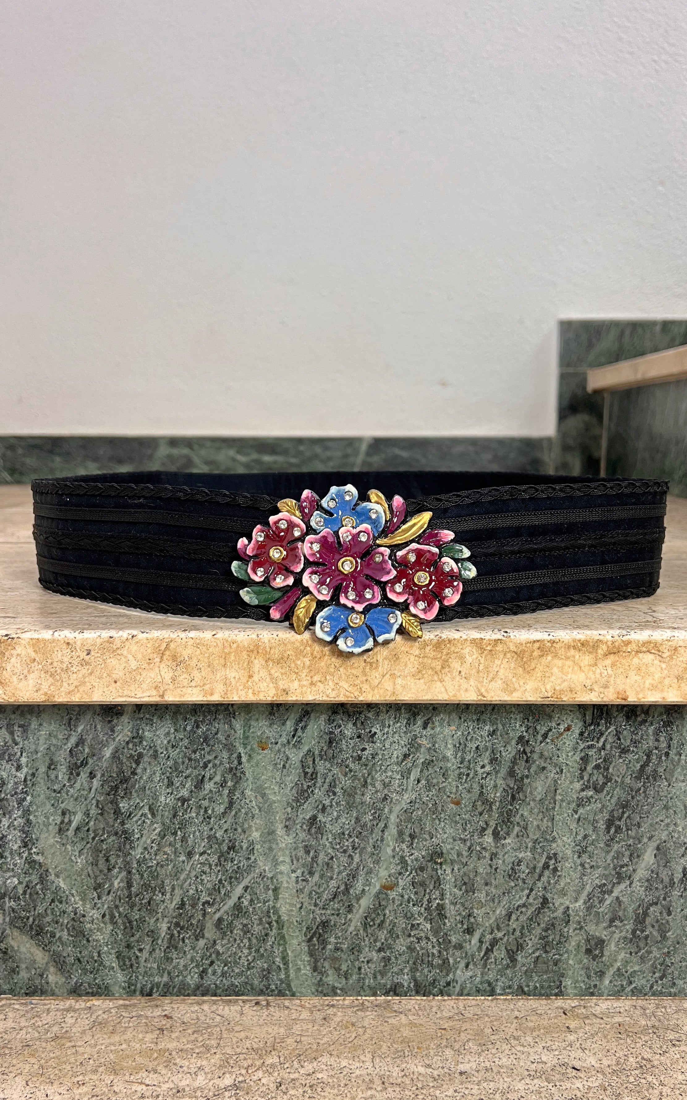 Vintage Black Belt with Floral Enamel Buckle