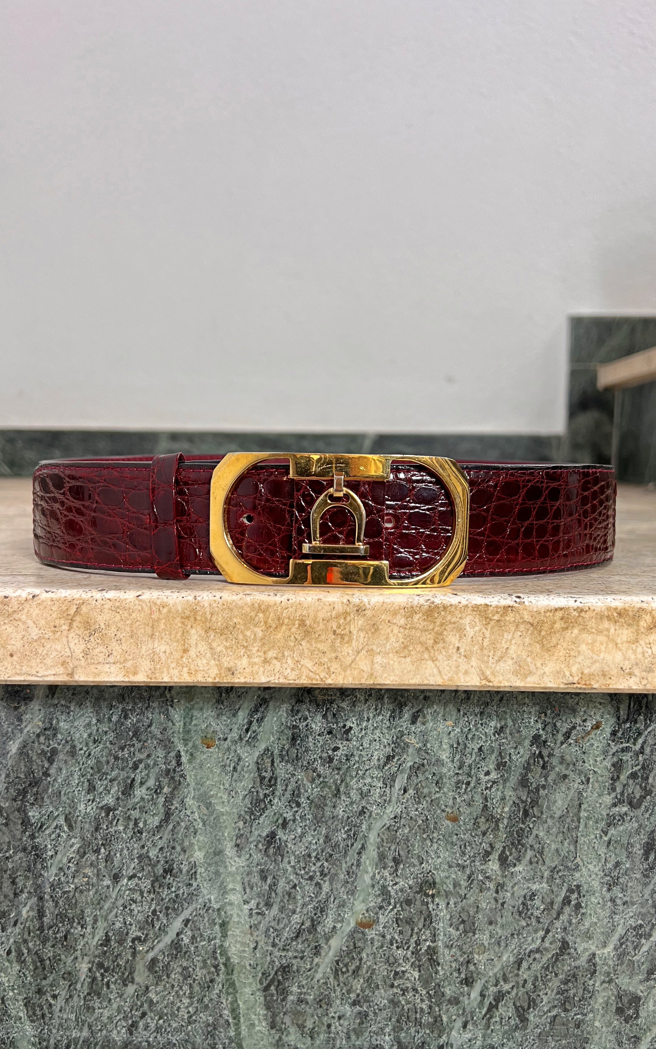 Vintage 70s Burgundy Gold Horsebit Buckle Belt