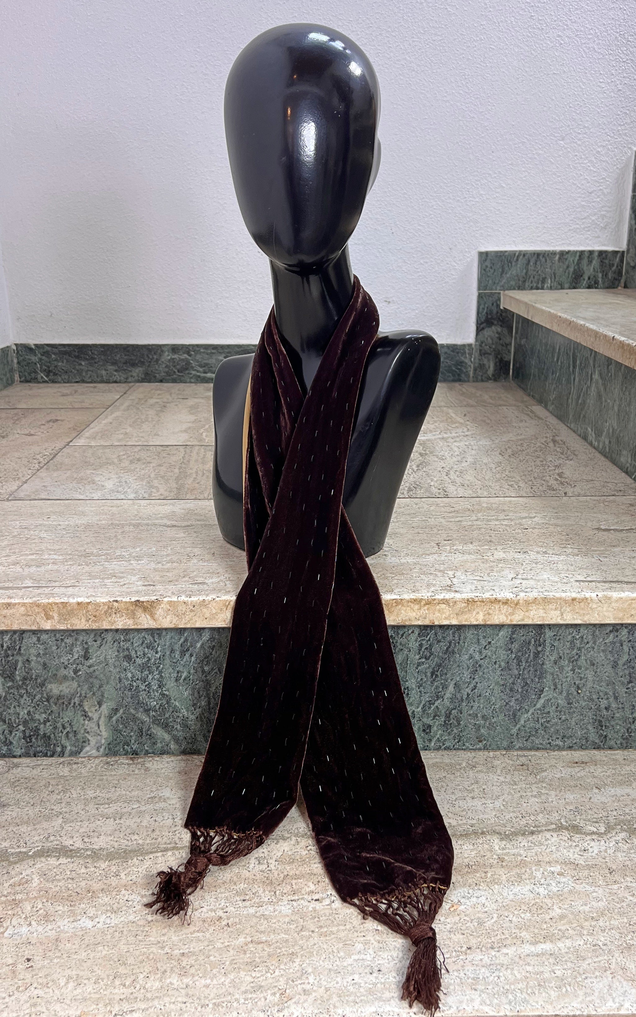Vintage Brown Silk Velvet Skinny Scarf