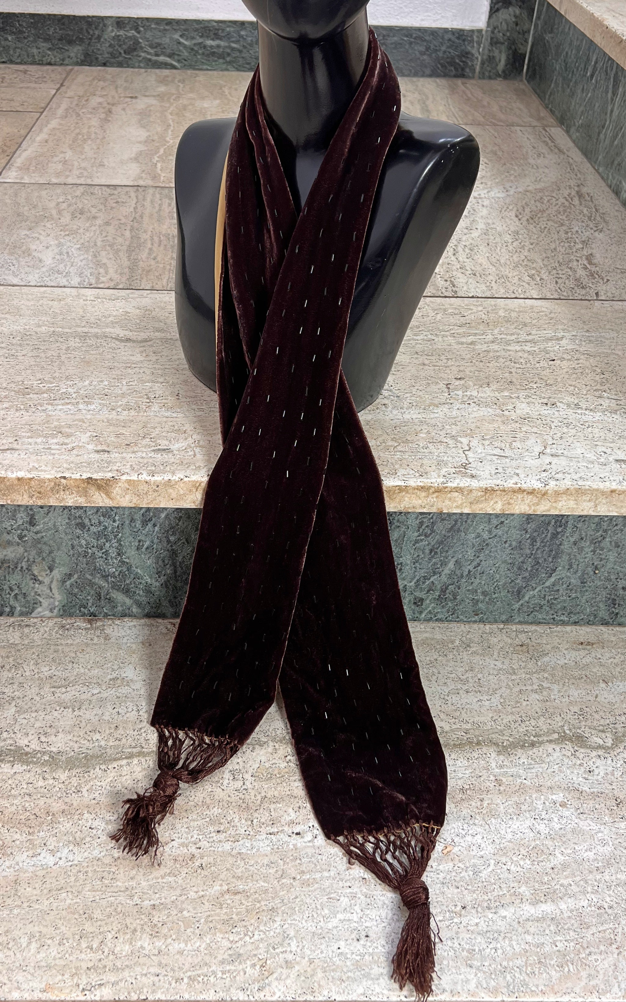 Vintage Brown Silk Velvet Skinny Scarf