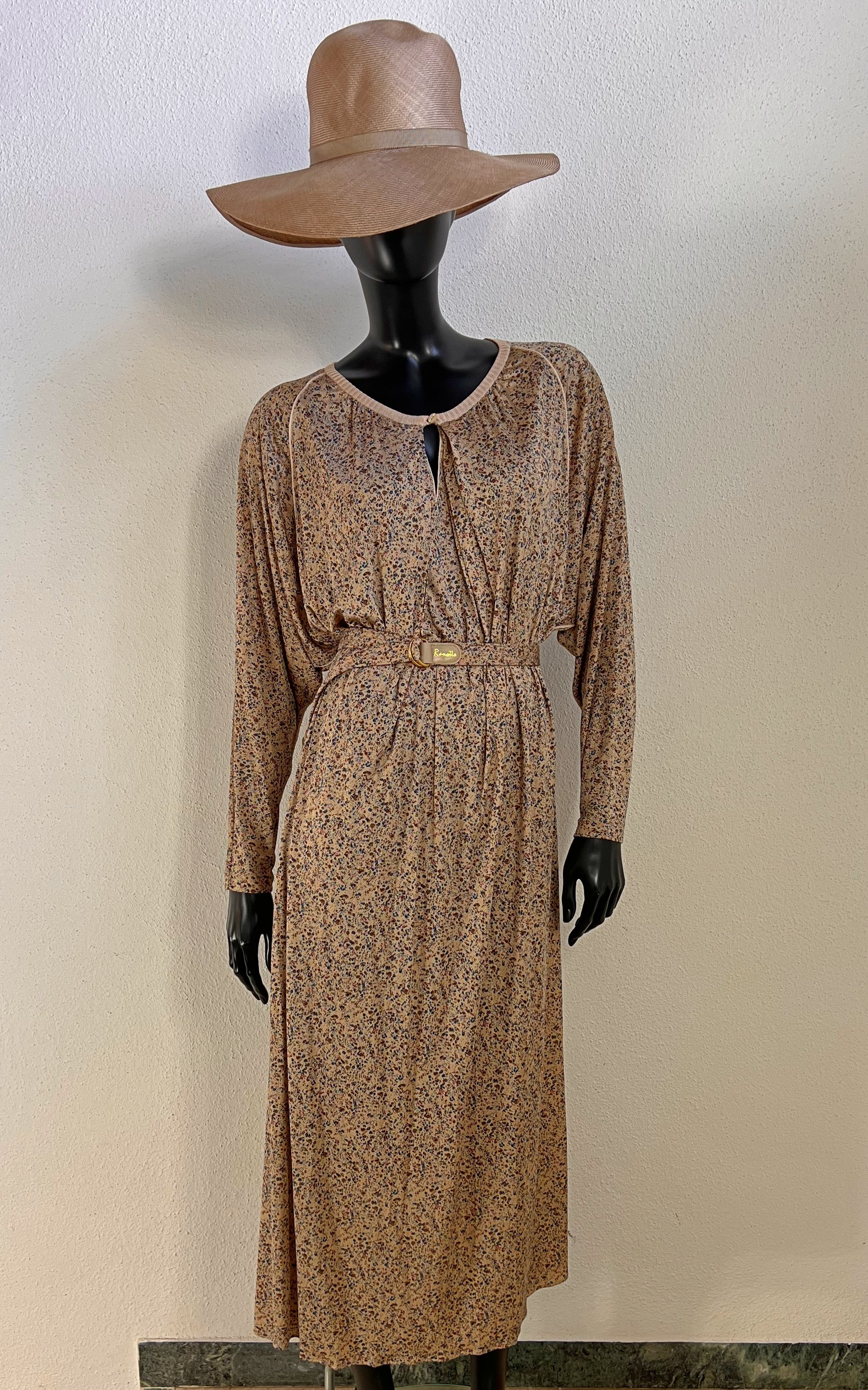 Vintage 70s Ranotto Silk Jersey Flower Dress with Drapped Batwing Sleeves