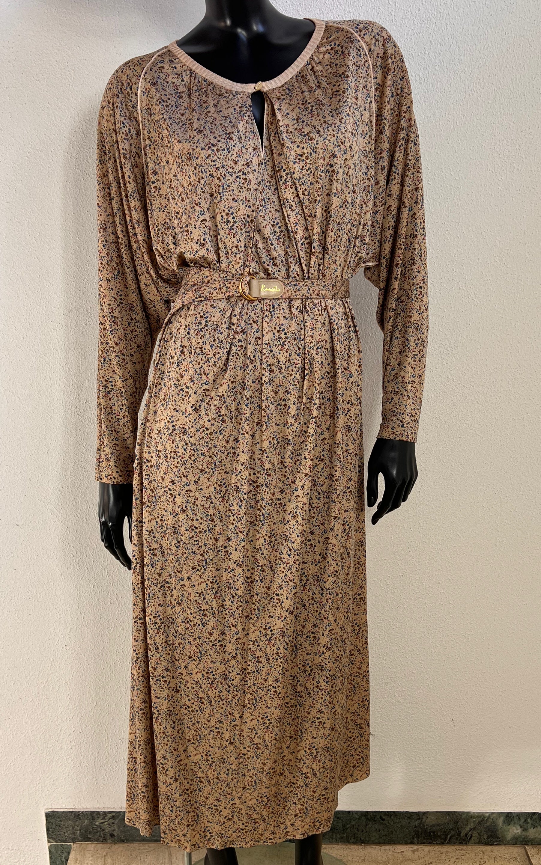 Vintage 70s Ranotto Silk Jersey Flower Dress with Drapped Batwing Sleeves
