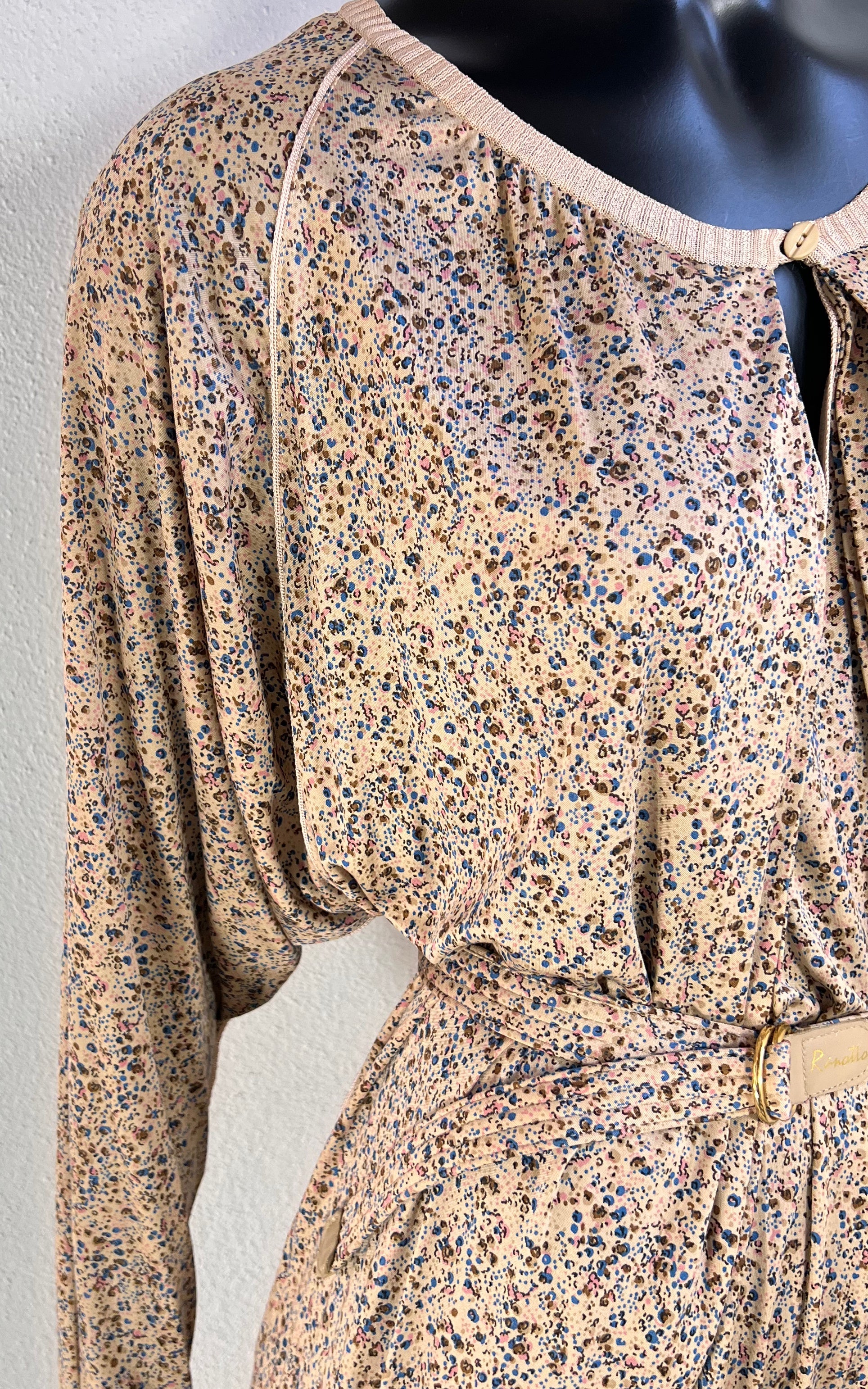 Vintage 70s Ranotto Silk Jersey Flower Dress with Drapped Batwing Sleeves