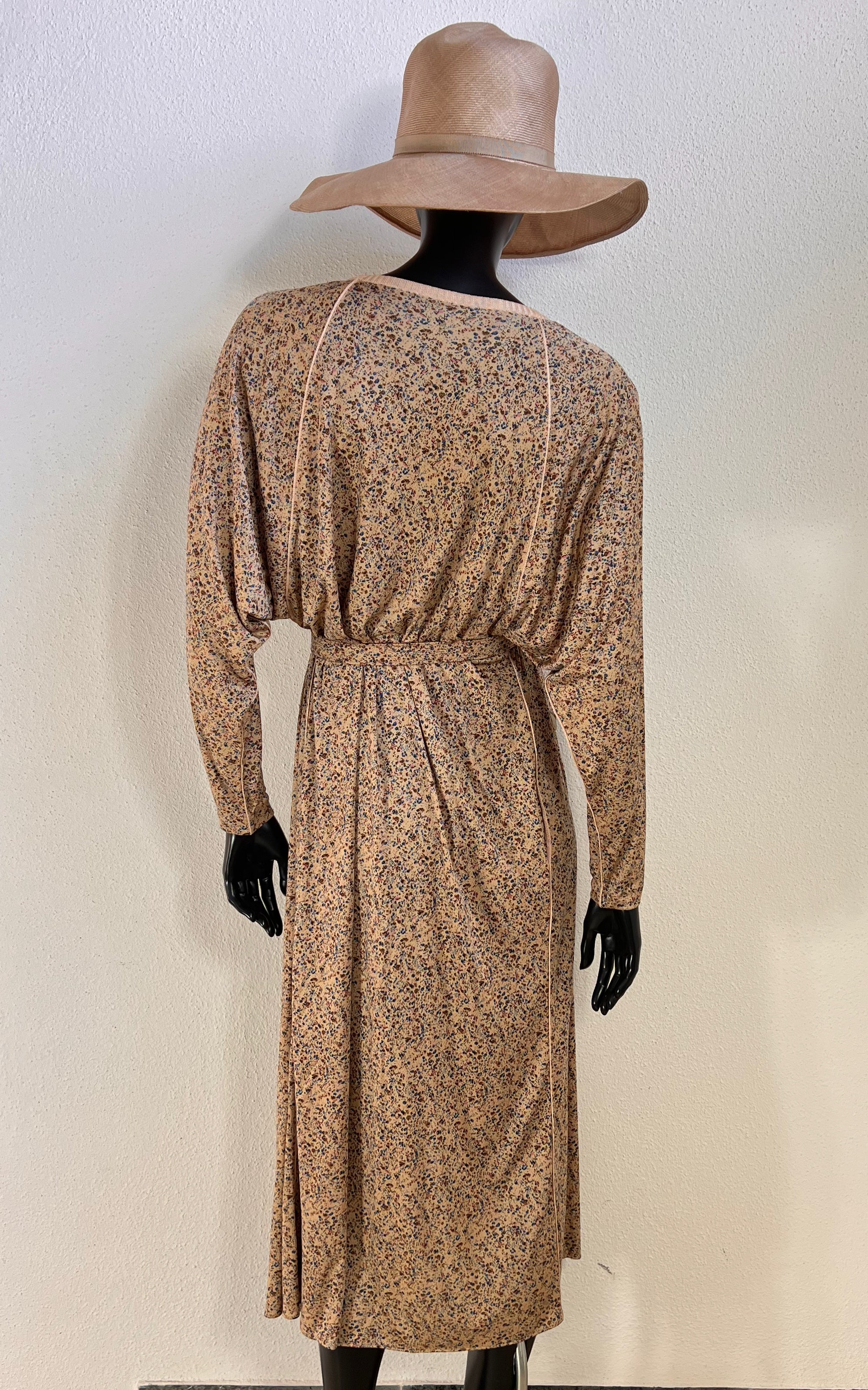 Vintage 70s Ranotto Silk Jersey Flower Dress with Drapped Batwing Sleeves