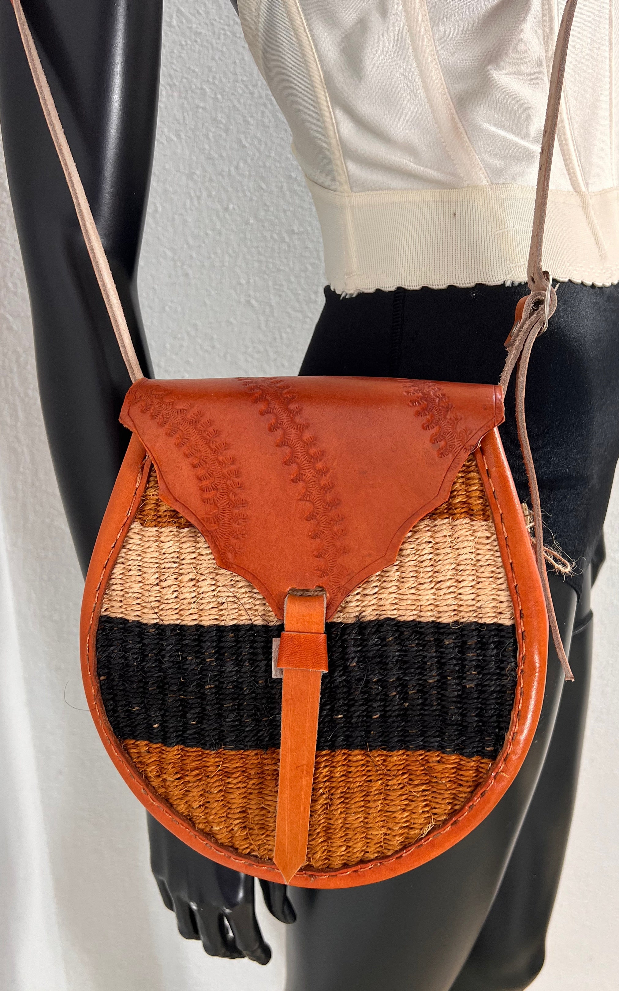 New African Kiondo Sisal and Leather Cross Body Bag
