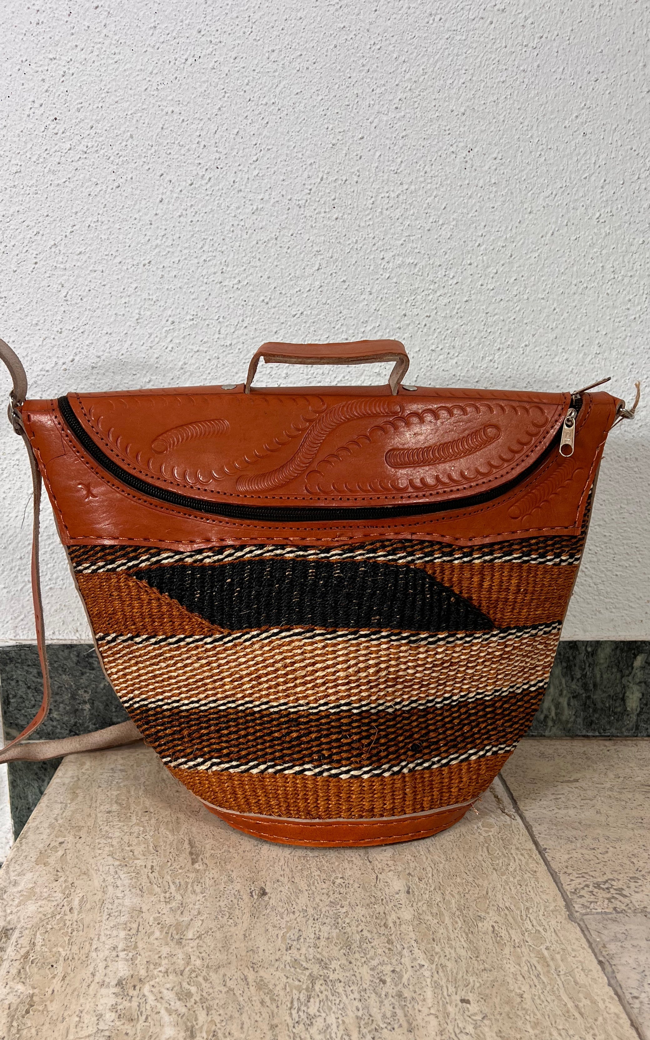 New African Kiondo Sisal and Leather Cross Body Bag