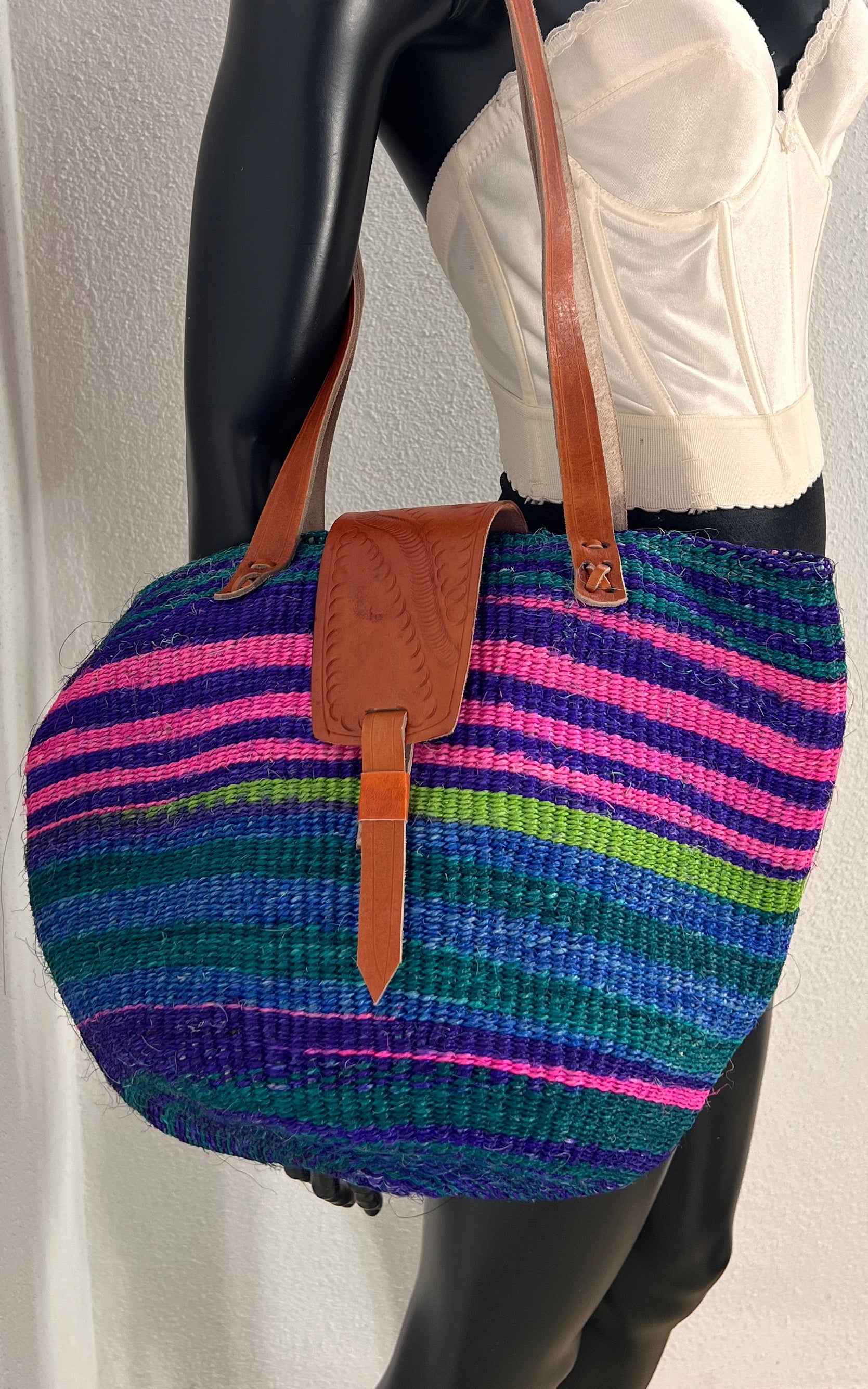 New African Kiondo Sisal and Leather Shoulder Bag