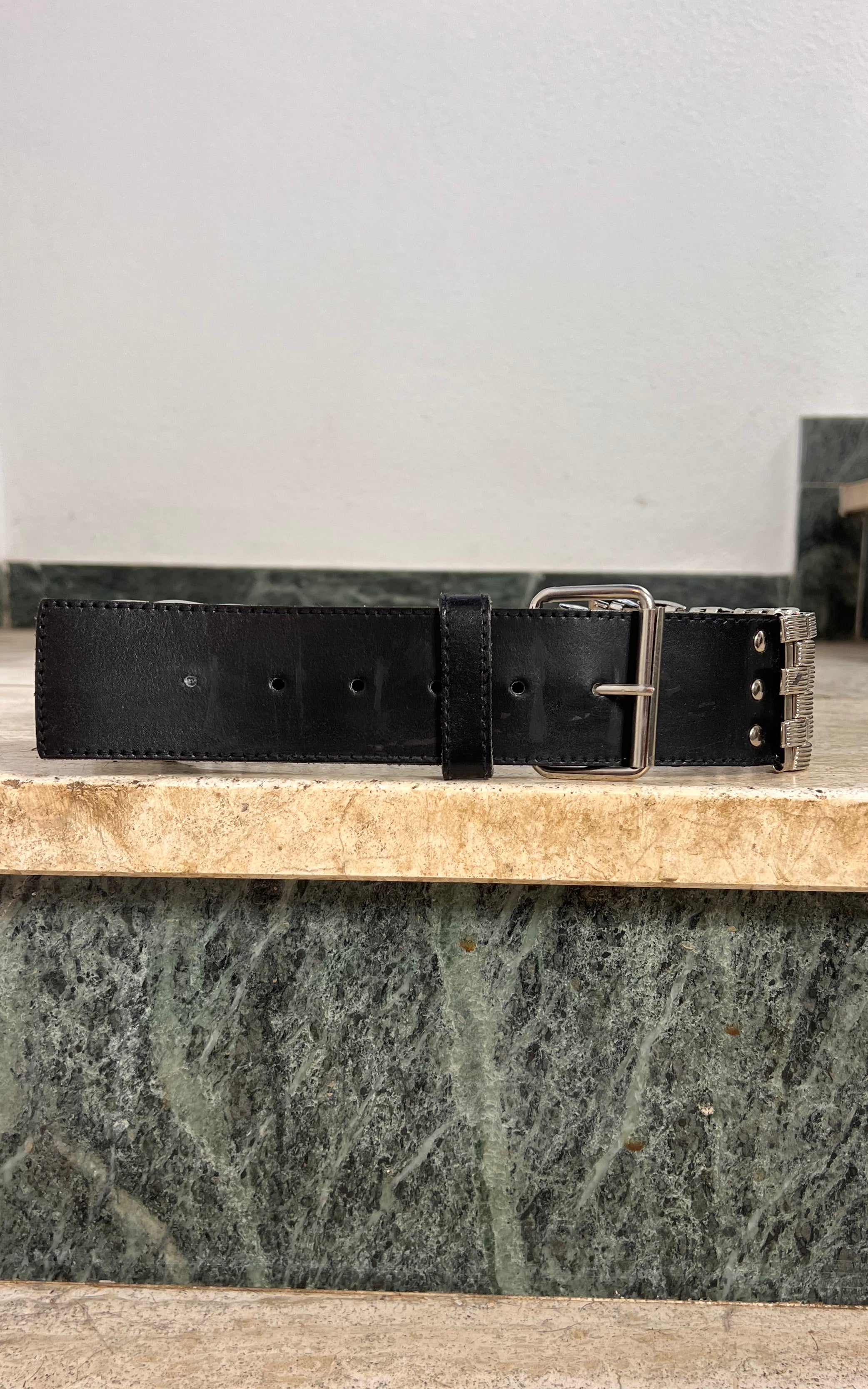 Vintage Silver Metal Statement Belt with Black Stones