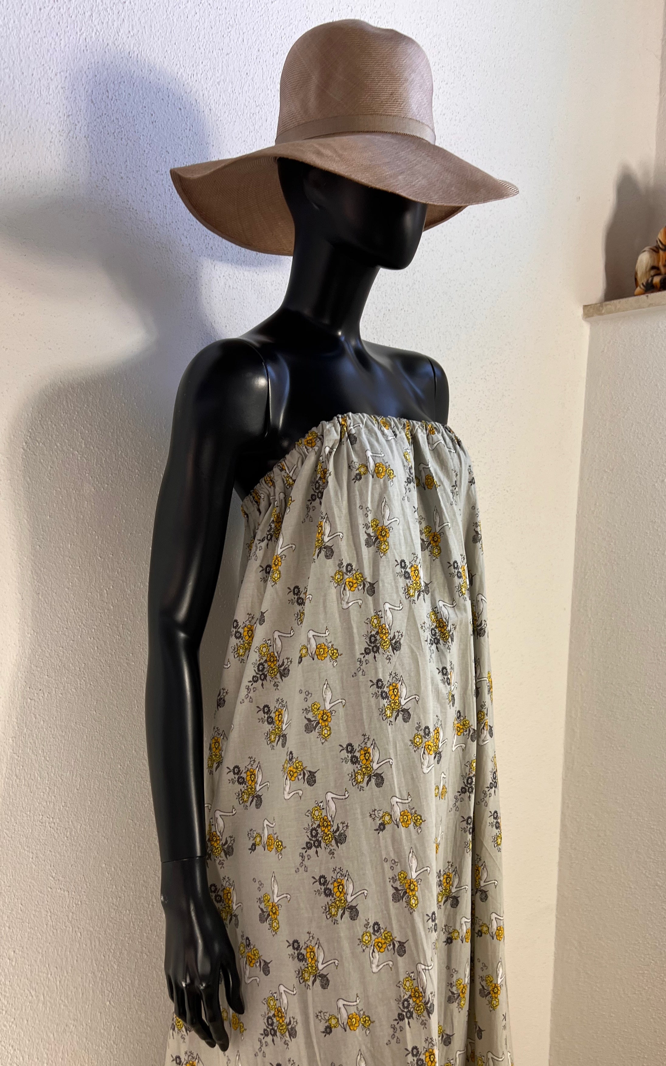 Vintage 70s Strapless Swan Maxi Dress