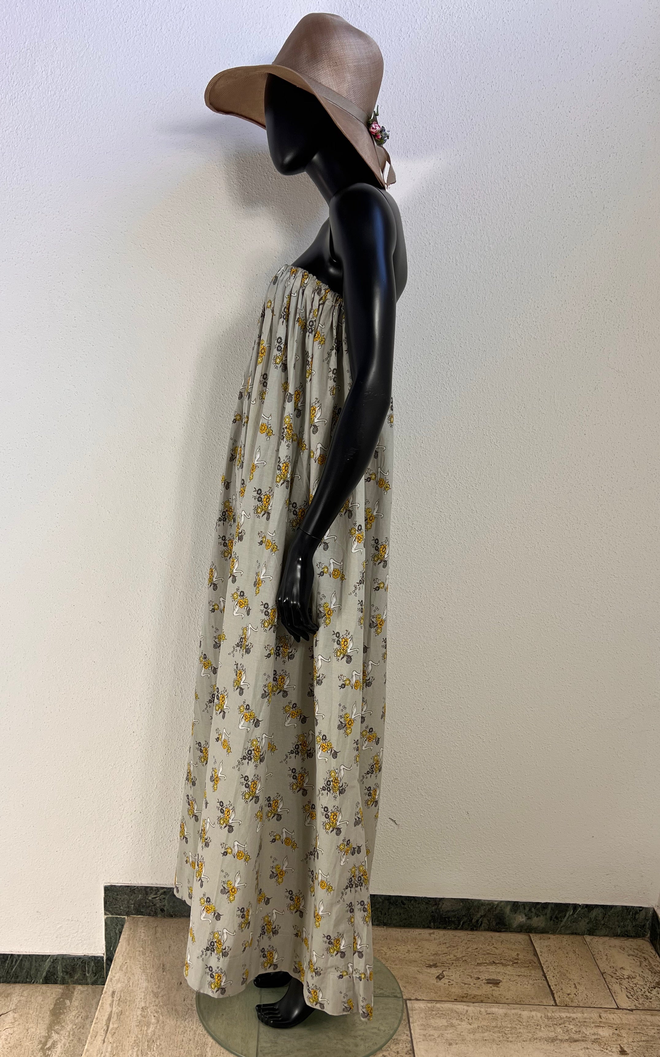 Vintage 70s Strapless Swan Maxi Dress