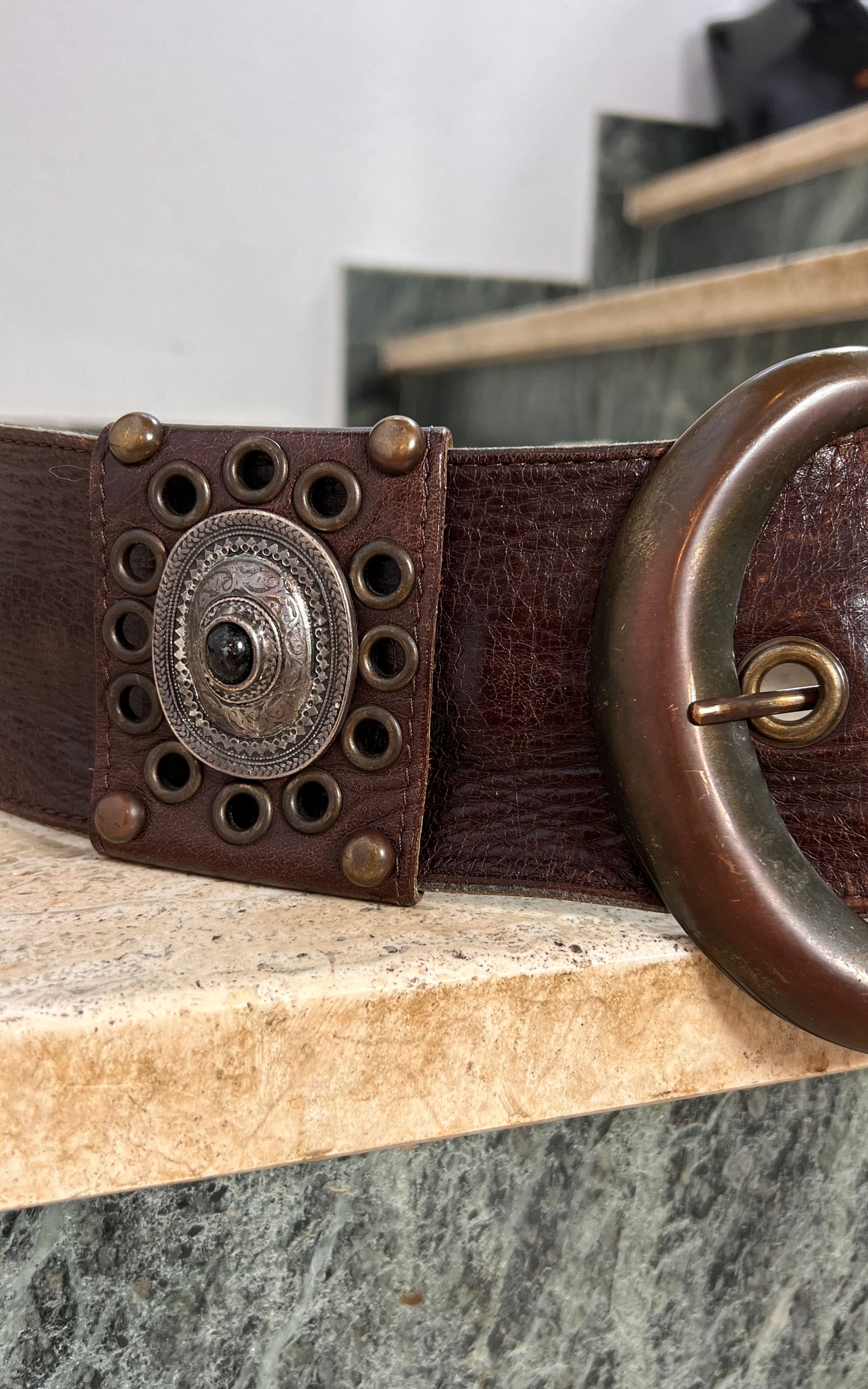 Vintage Wide Brown Leather Statement Belt