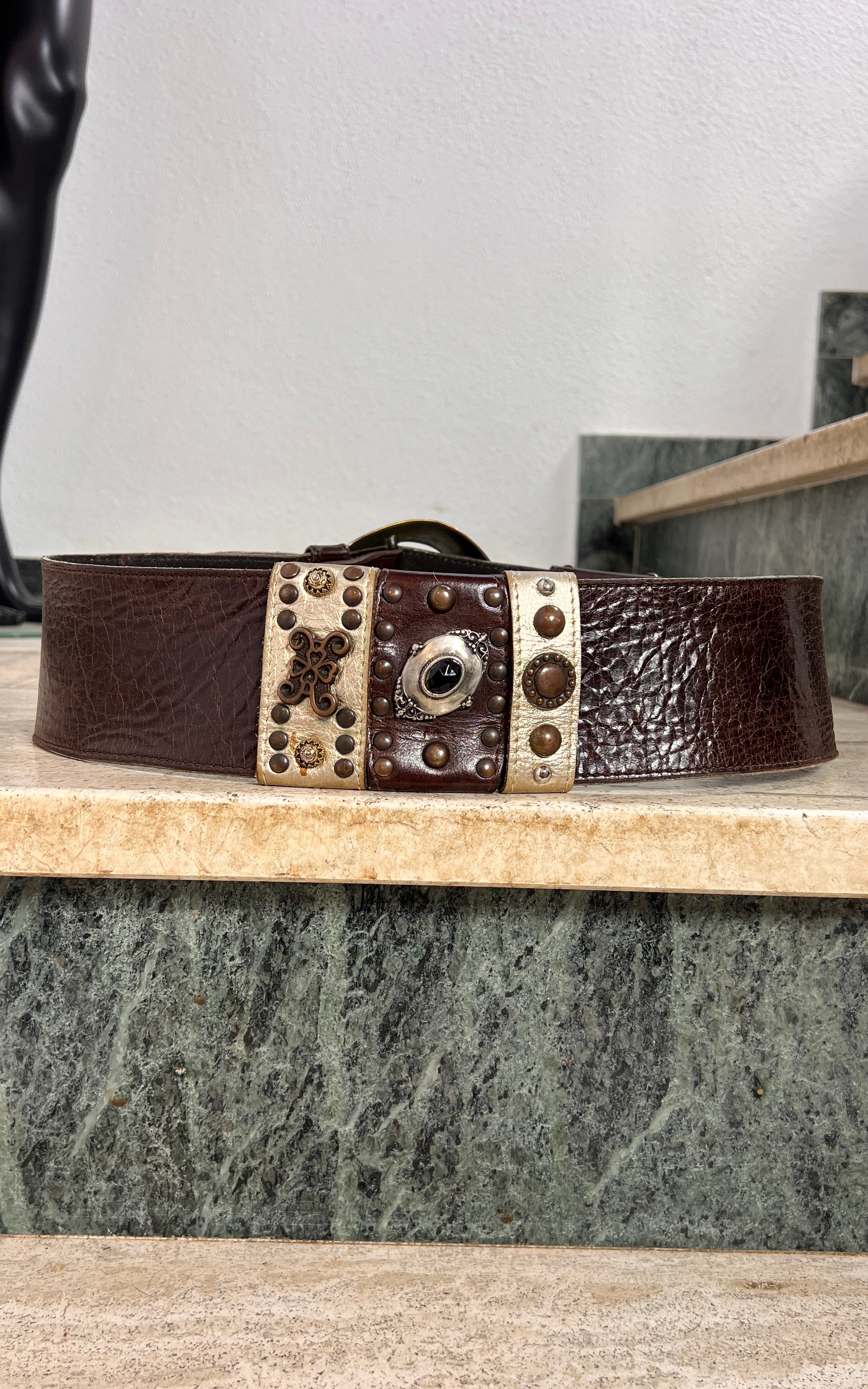 Vintage Wide Brown Leather Statement Belt
