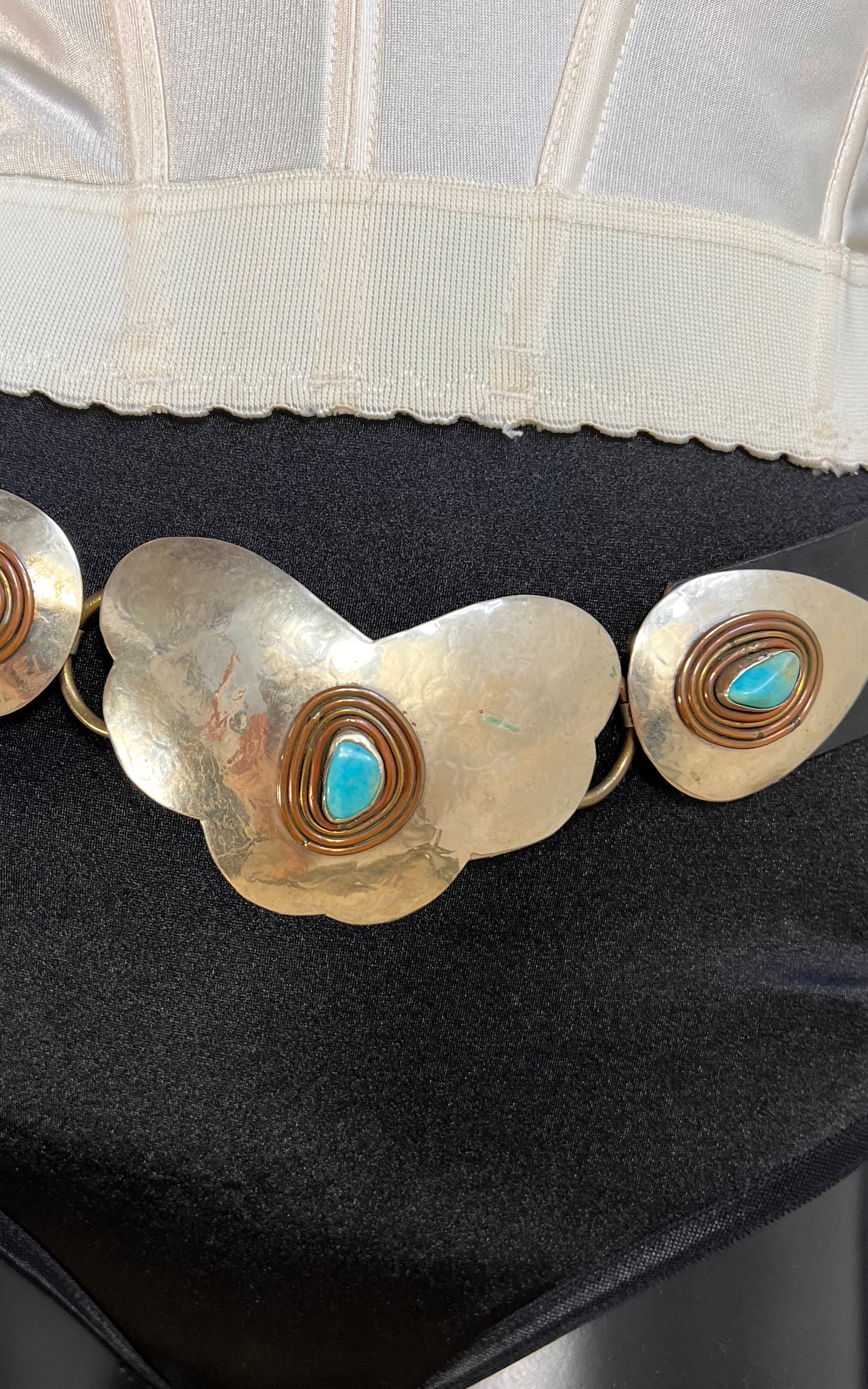 Vintage 70s Hammered Metal and Turquoise Belt
