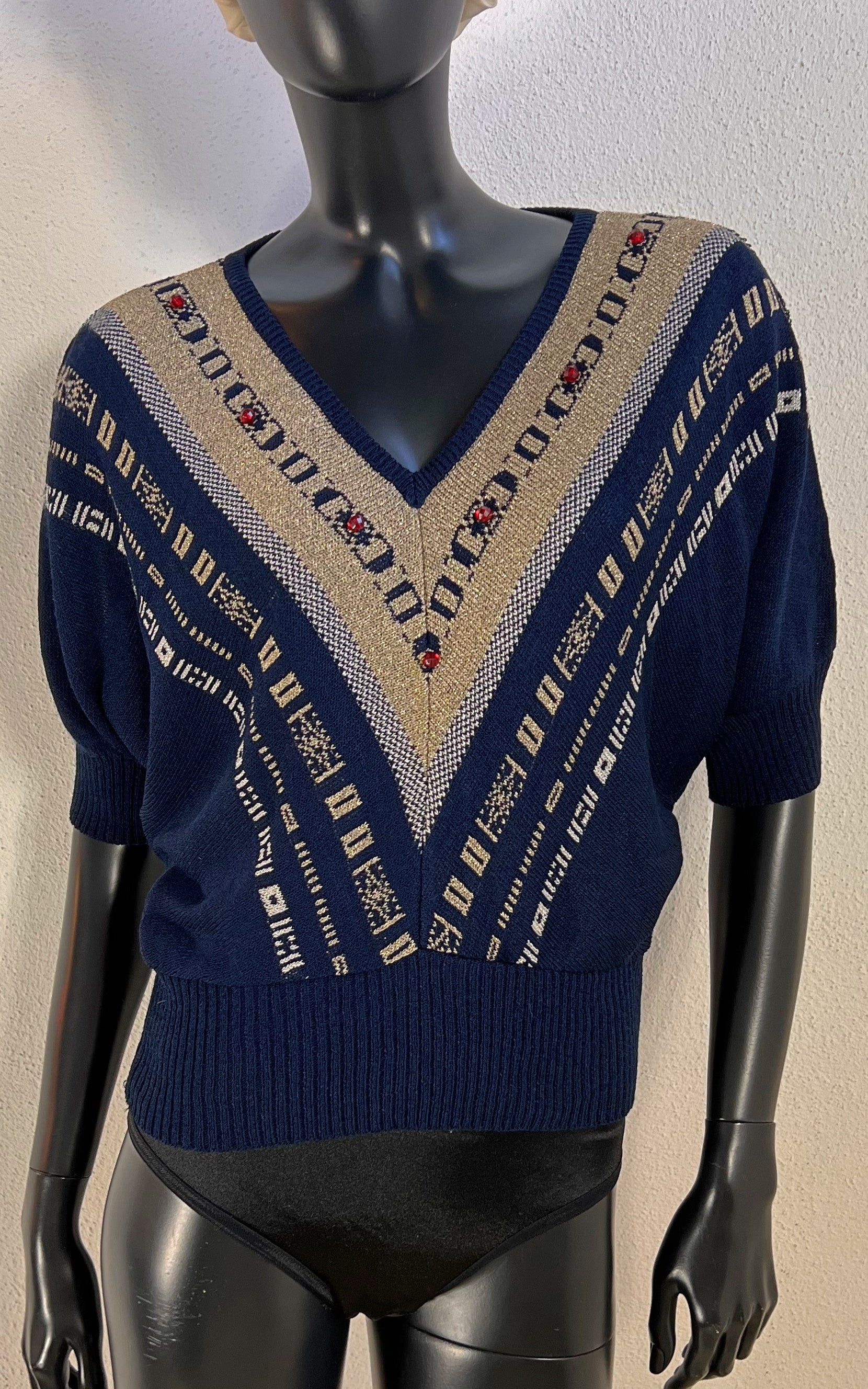 Vintage 70s Navy Knit Sweater with Metallic Pattern