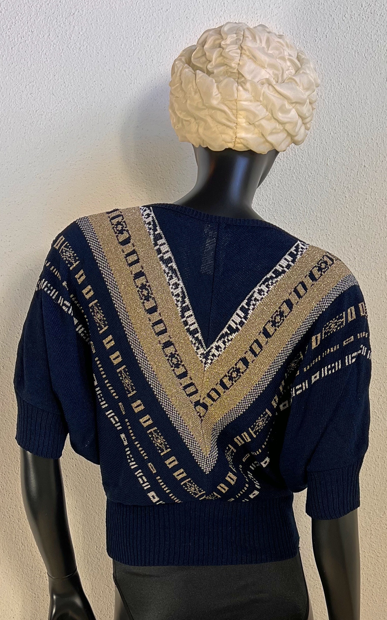 Vintage 70s Navy Knit Sweater with Metallic Pattern