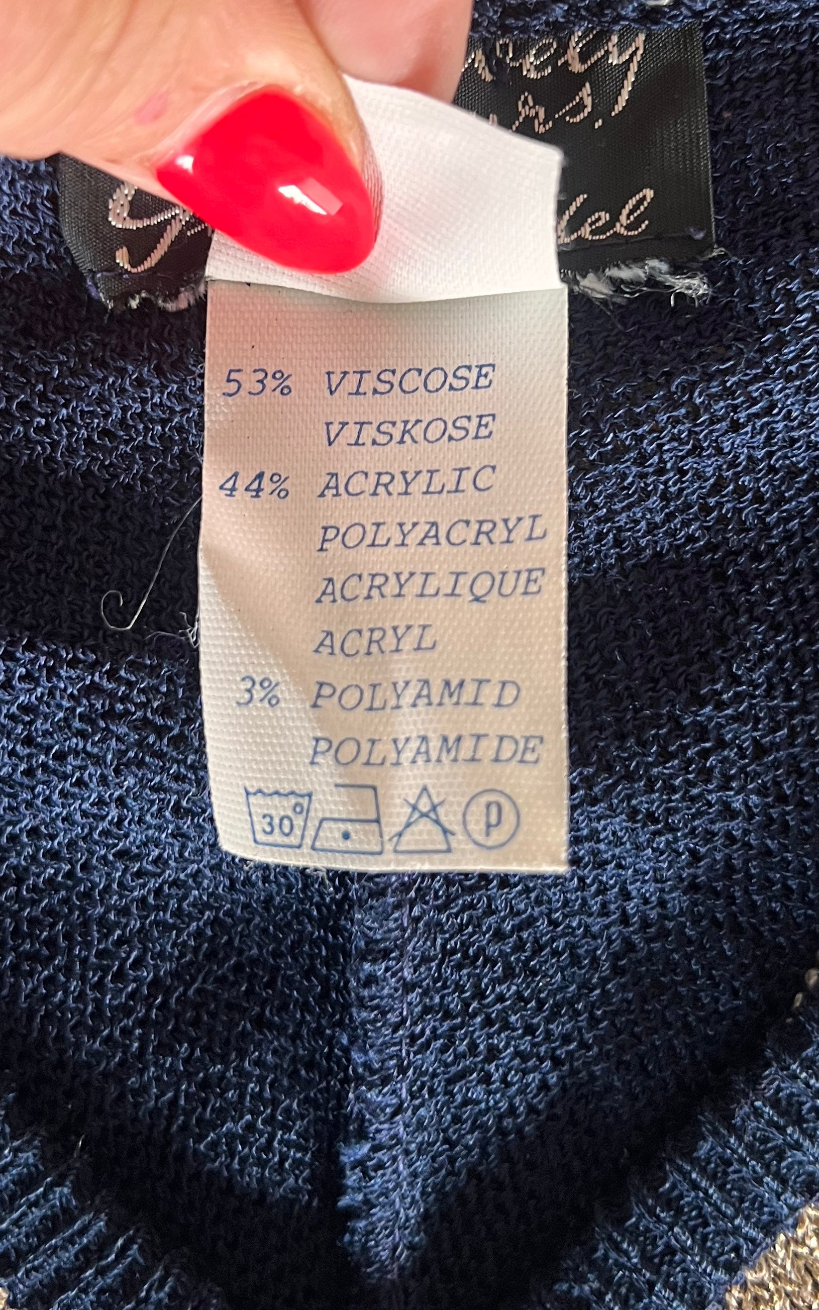 Vintage 70s Navy Knit Sweater with Metallic Pattern