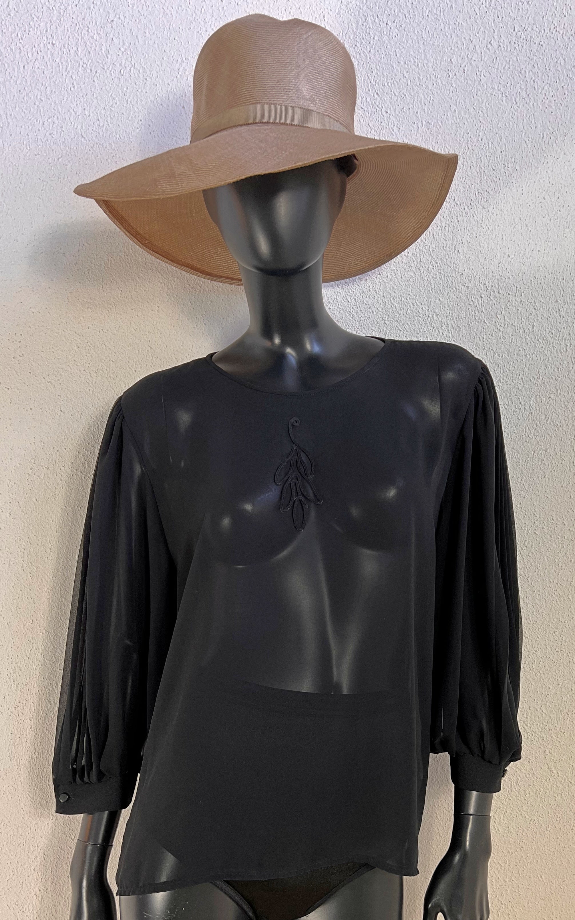 Vintage Black Sheer Blouse with Pleated Balloon Sleeves