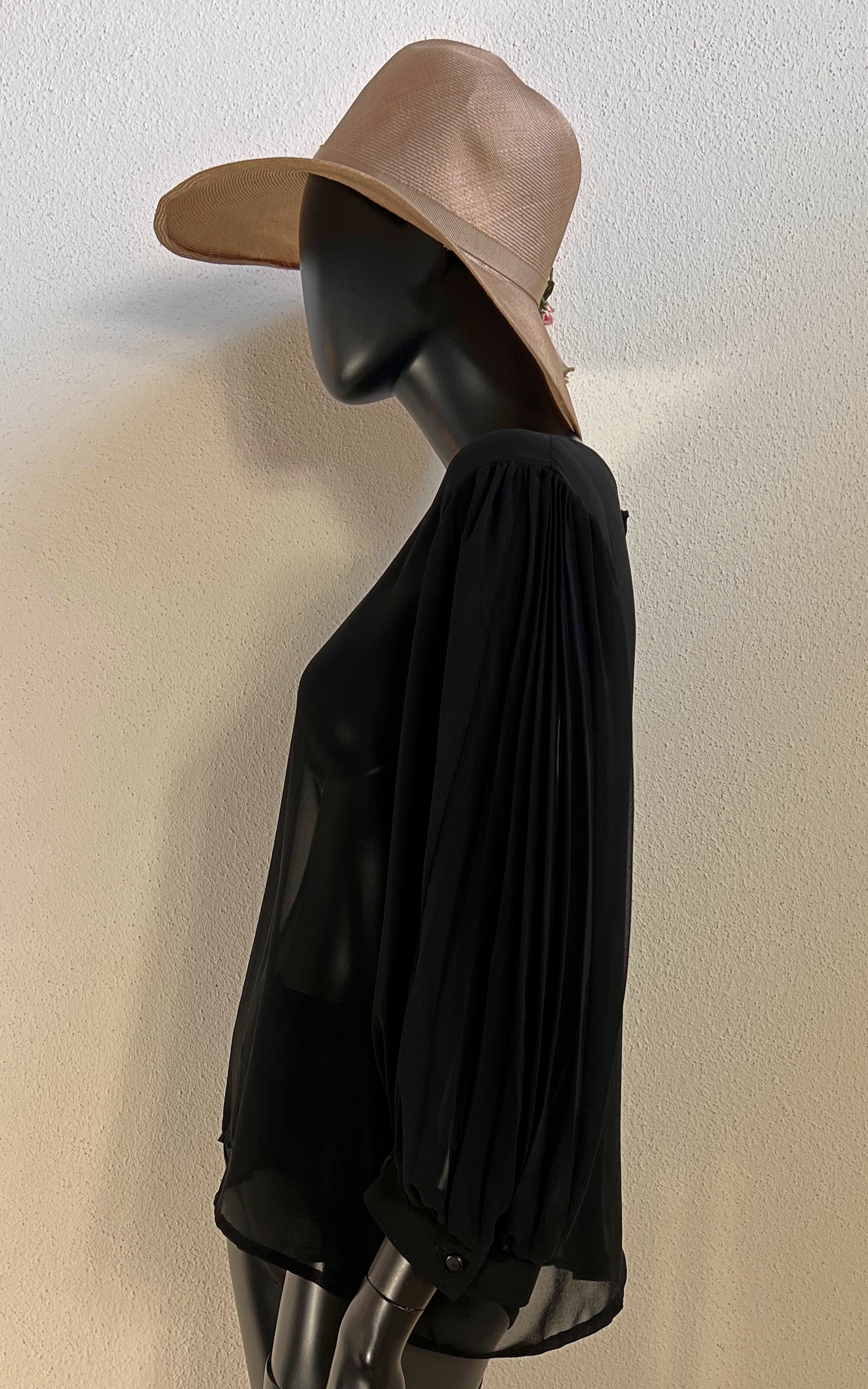 Vintage Black Sheer Blouse with Pleated Balloon Sleeves
