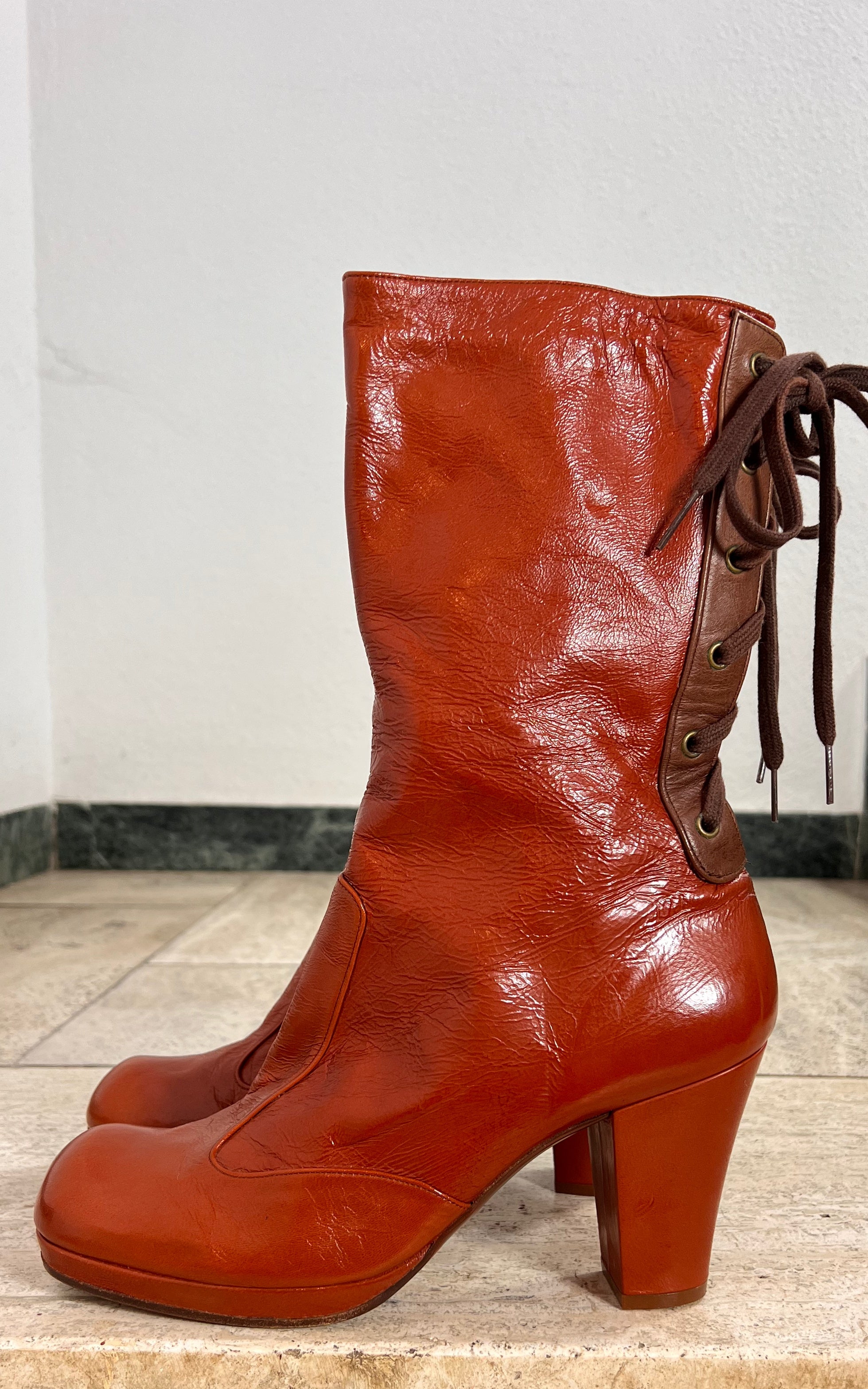 Chie Mihara Leather Lace-Up Boots Burnt Orange 41