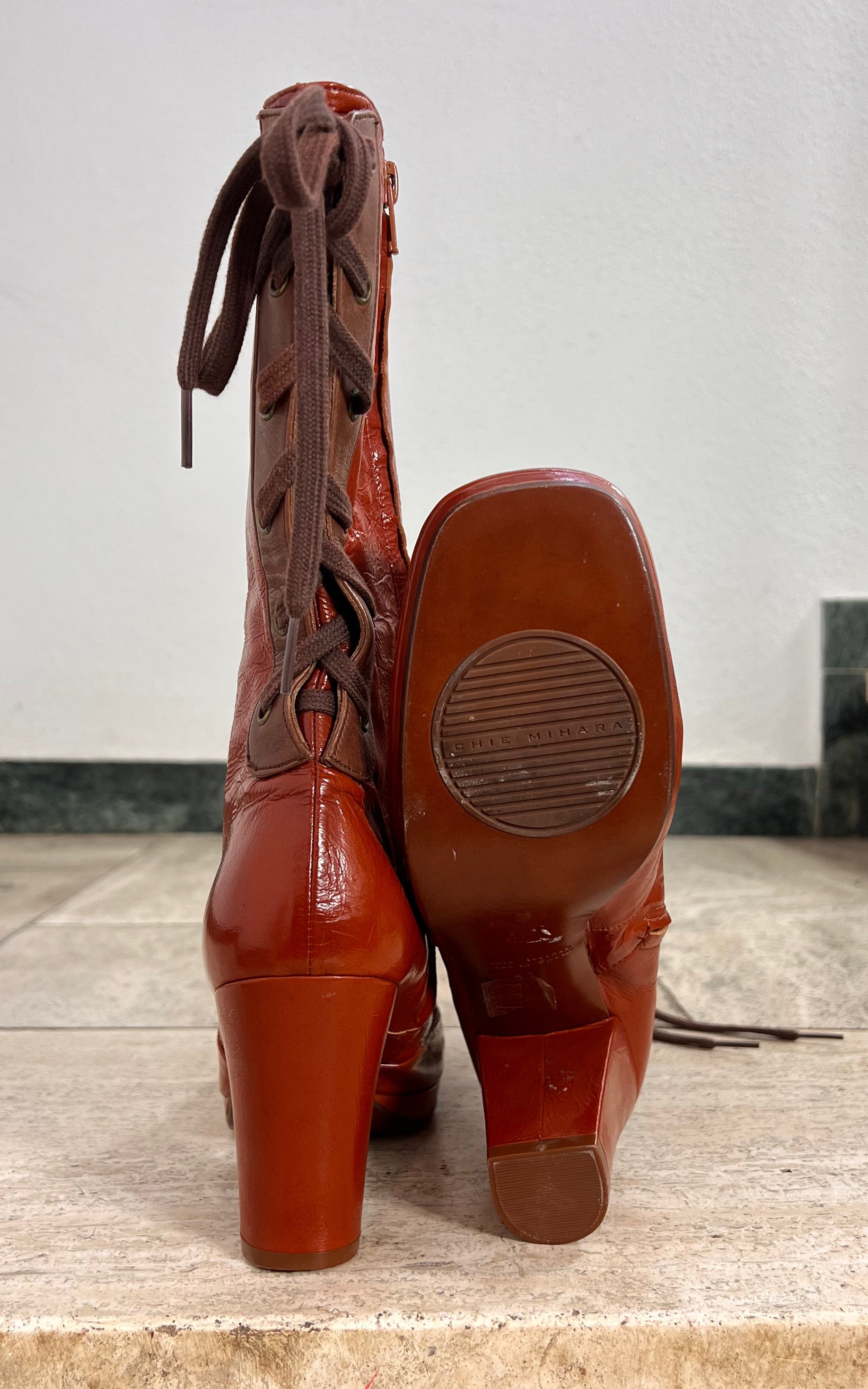 Chie Mihara Leather Lace-Up Boots Burnt Orange 41