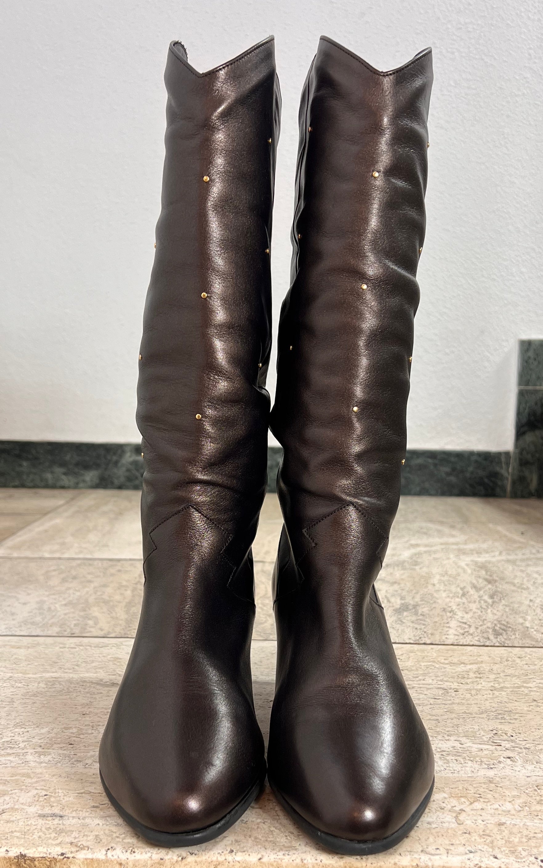 Vintage Brown Knee-High Boots with Gold Stud Details 39