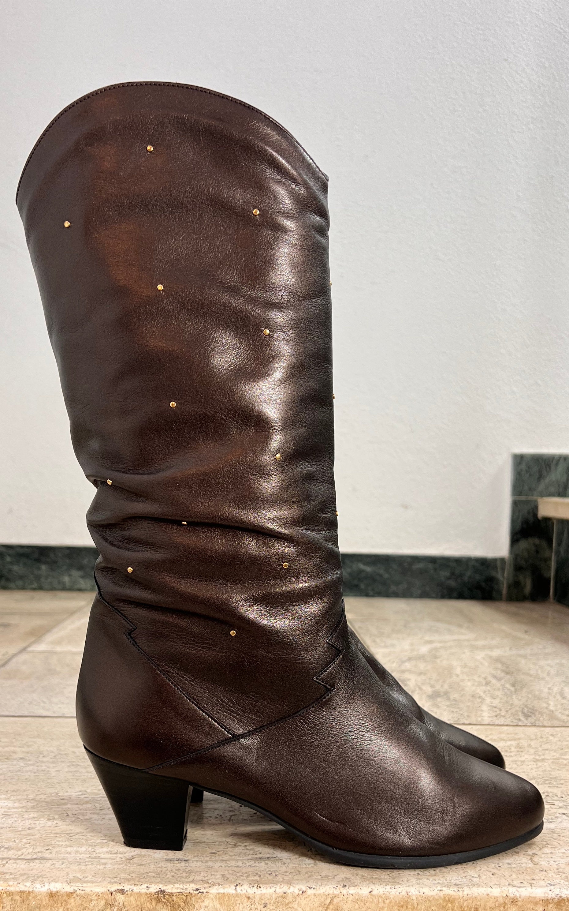 Vintage Brown Knee-High Boots with Gold Stud Details 39
