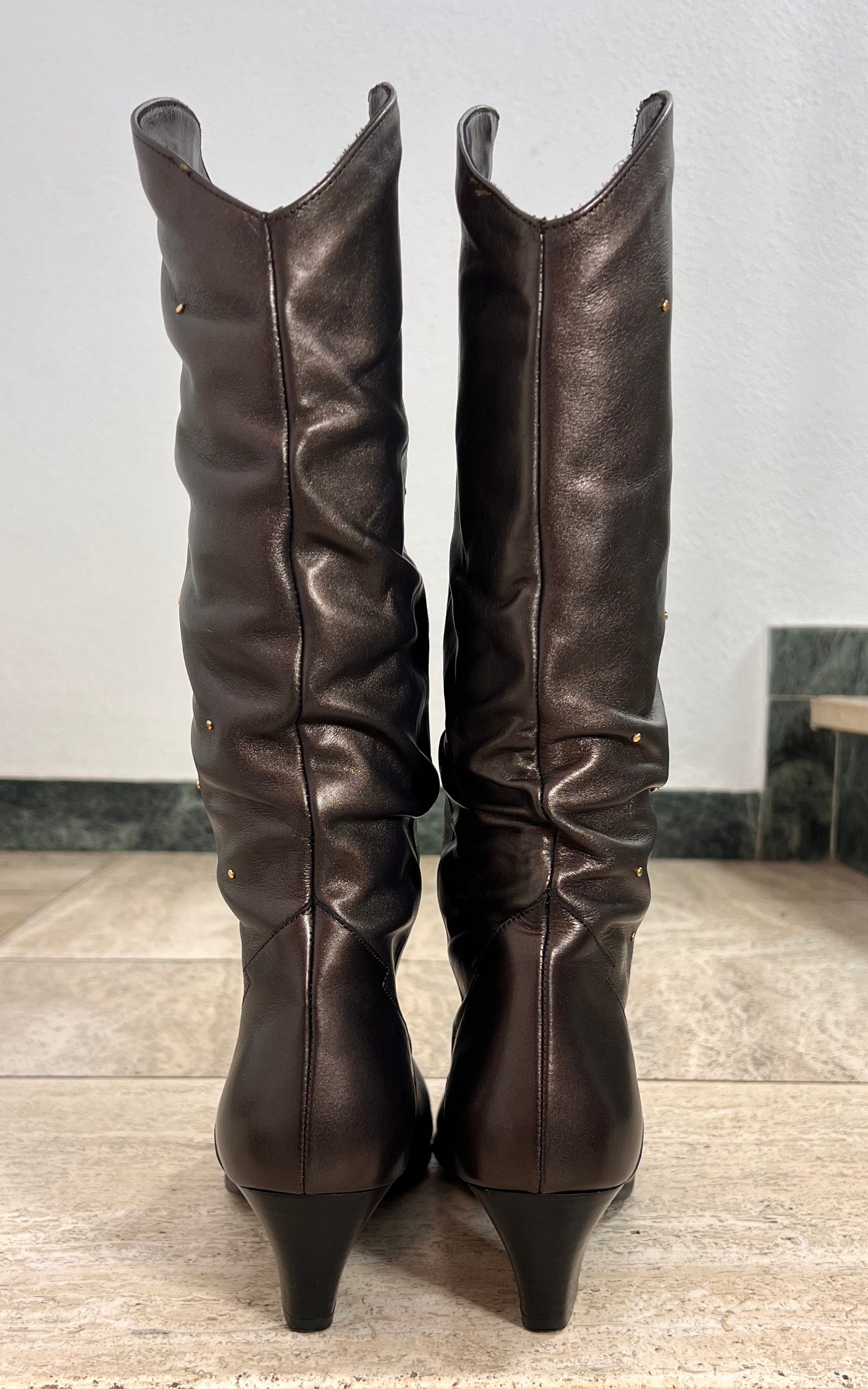 Vintage Brown Knee-High Boots with Gold Stud Details 39
