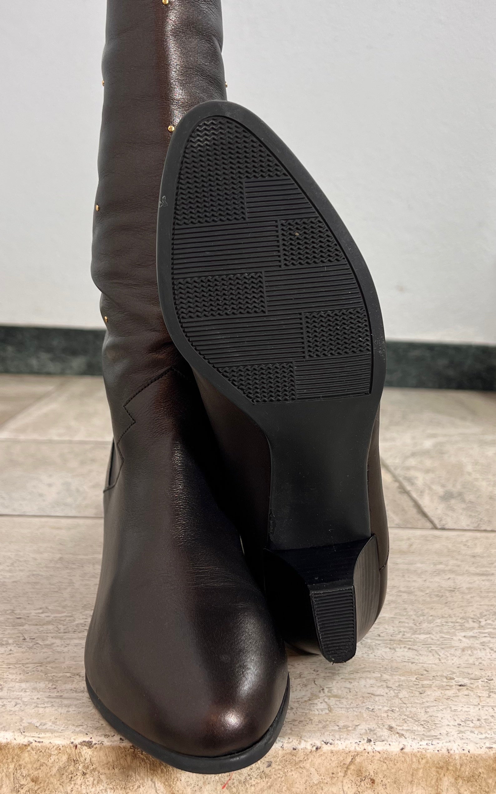 Vintage Brown Knee-High Boots with Gold Stud Details 39