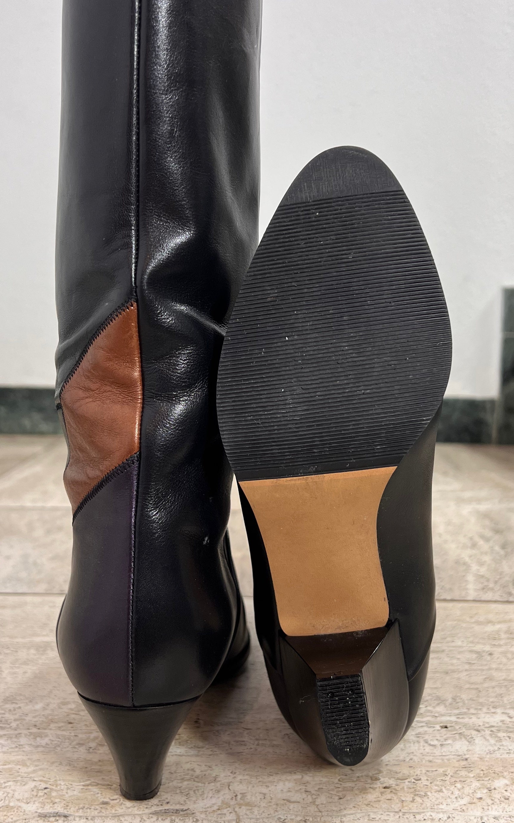 Vintage Black Leather Color Block Knee-High Boots 39