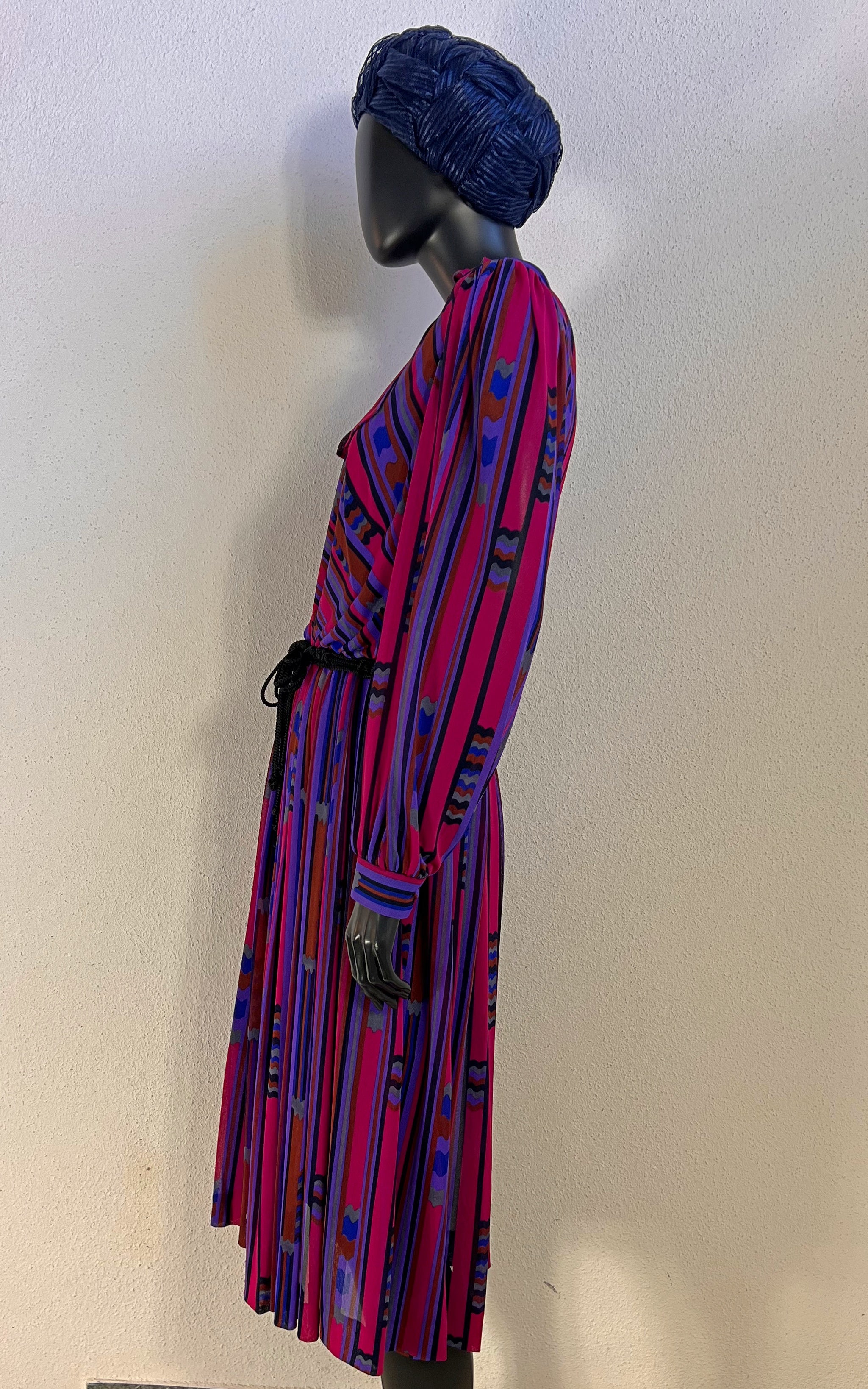 Vintage 1970s Pleated Pussy Bow Dress - Bold Mod Stripe Print