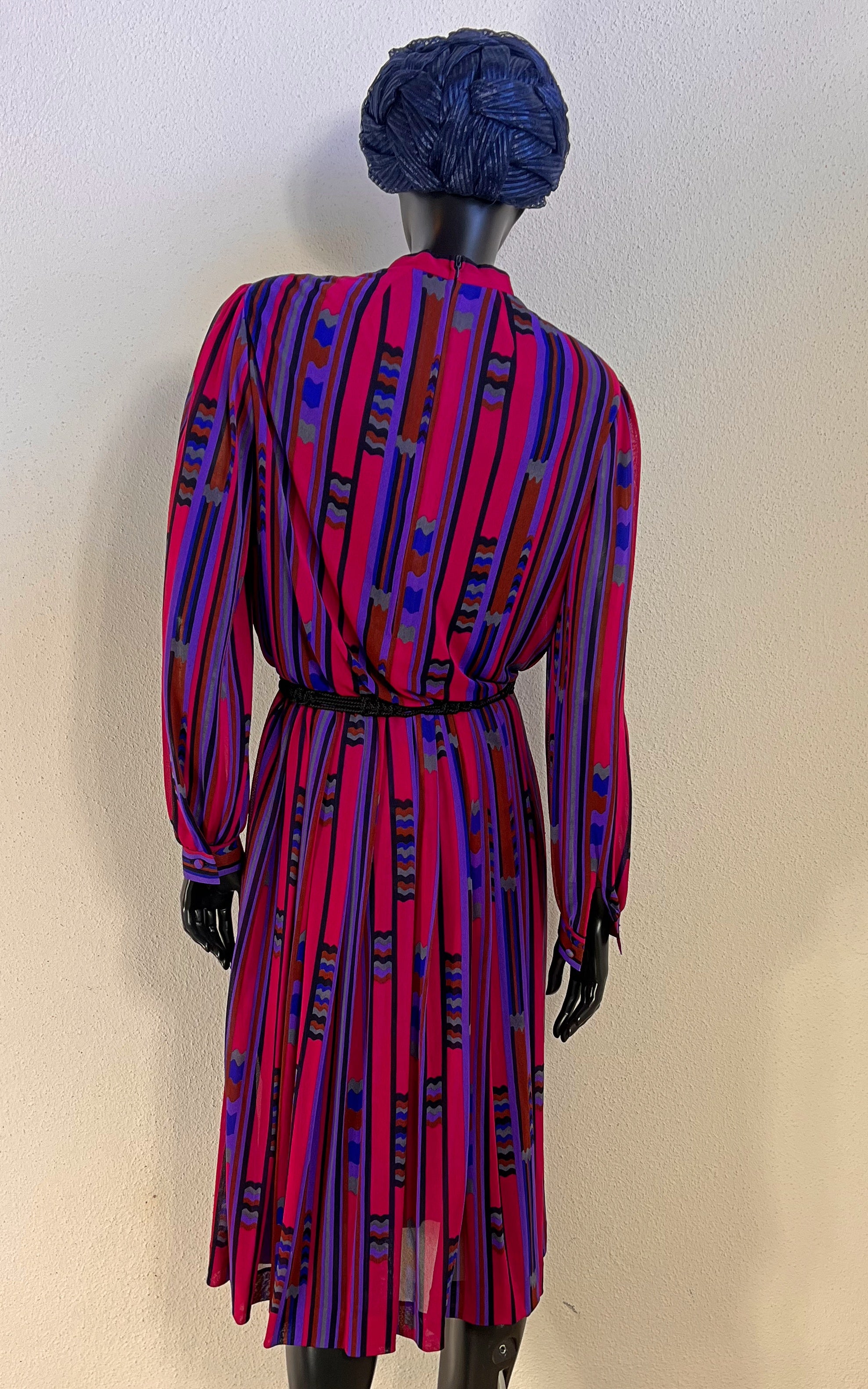 Vintage 1970s Pleated Pussy Bow Dress - Bold Mod Stripe Print