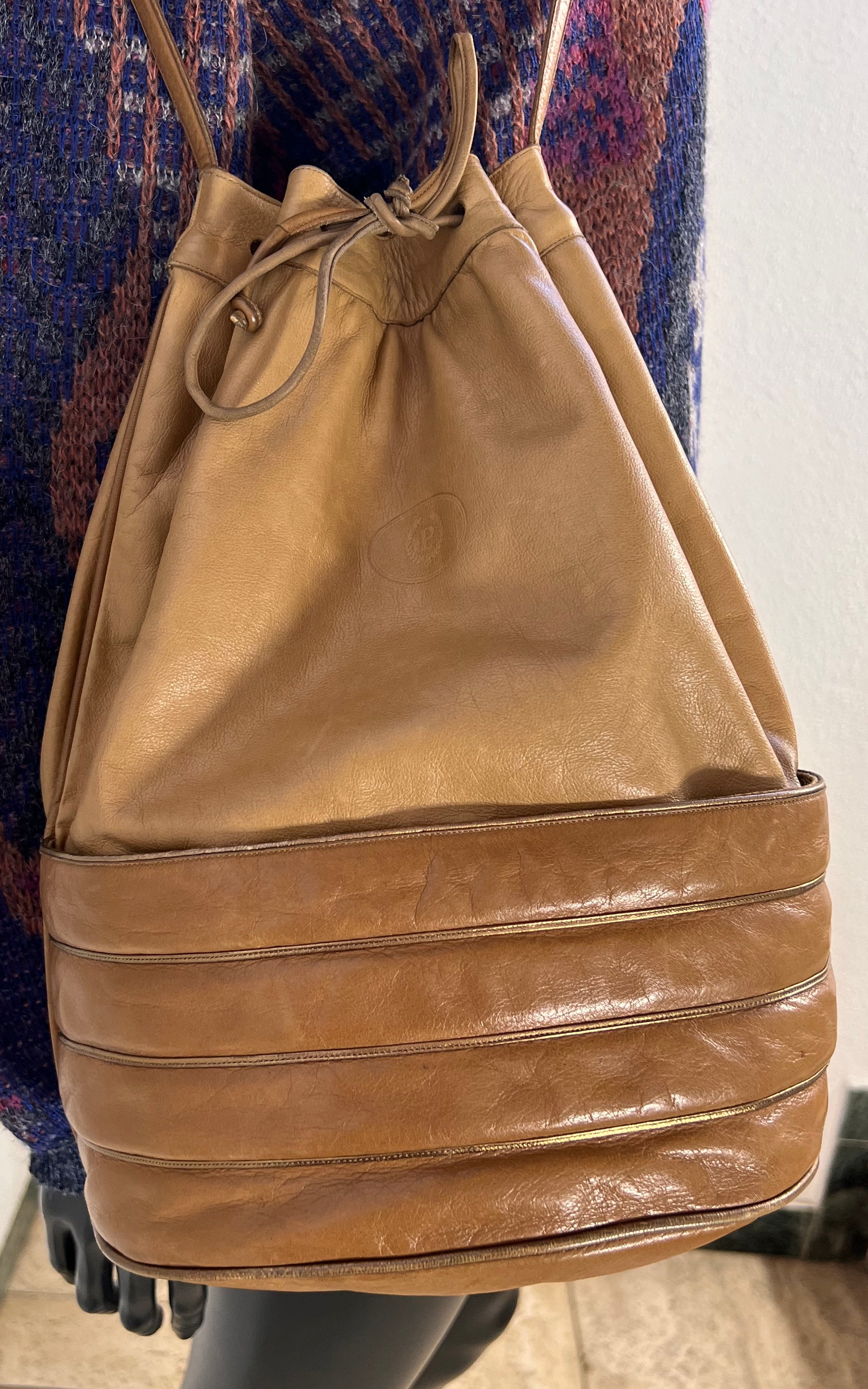 Vintage 70s Pollini Leather Drawstring Bucket Bag