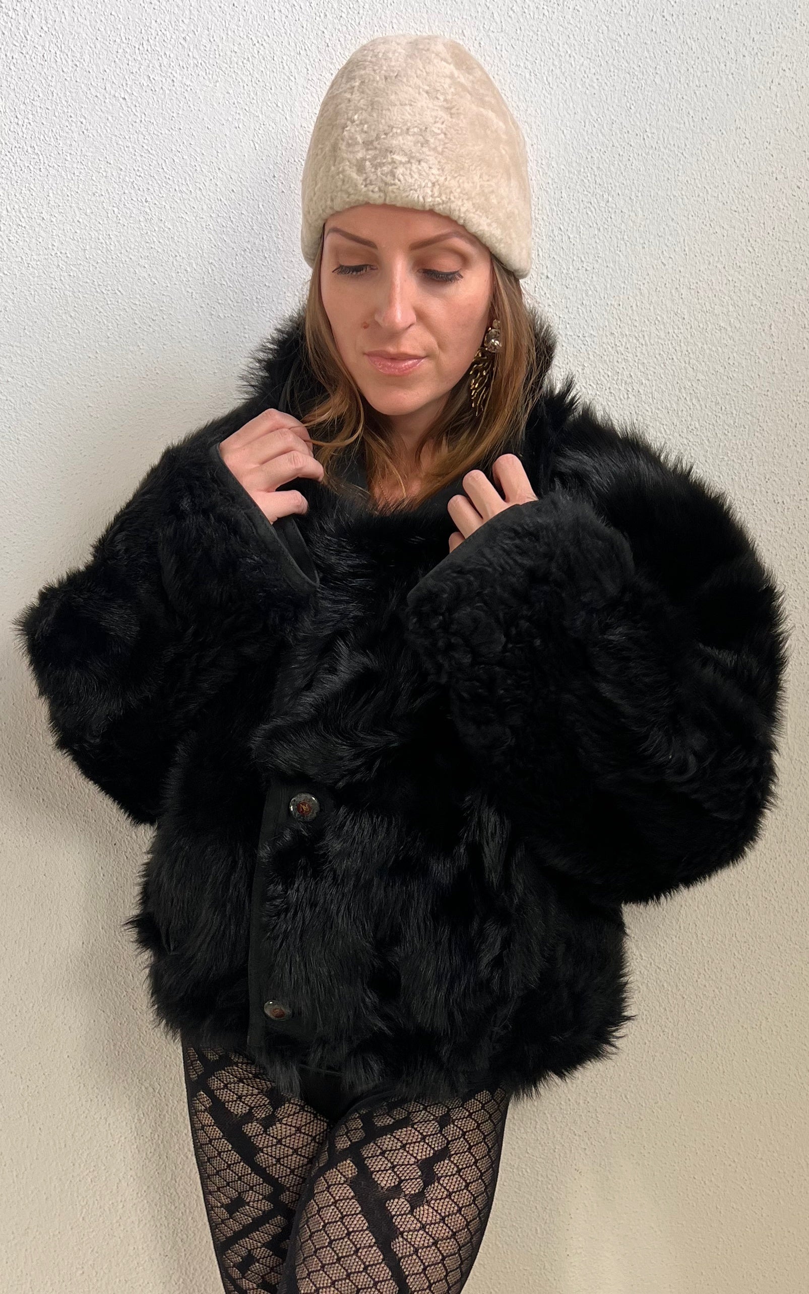 Reworked Curly Lamb Shearling Jacket Black