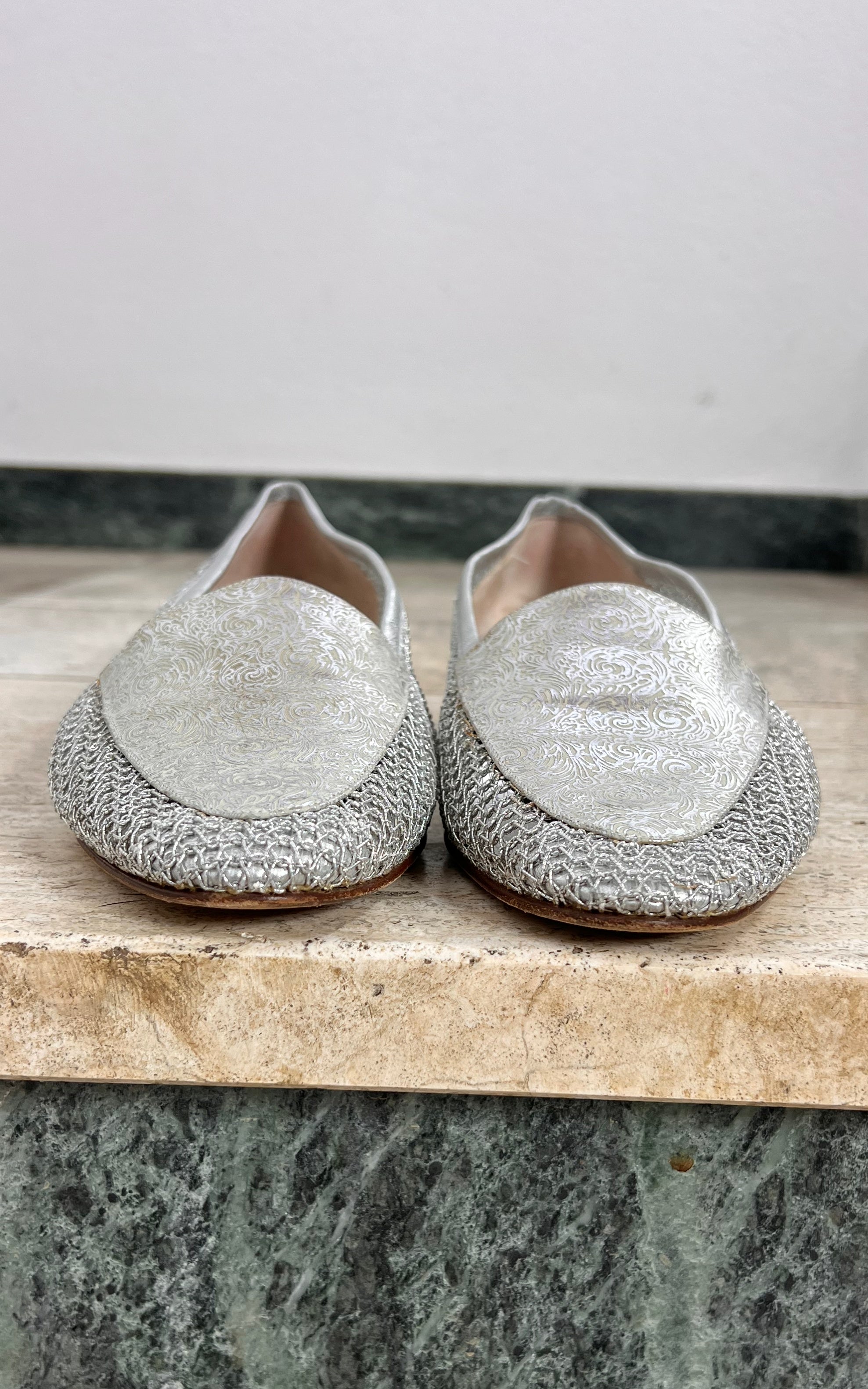 Vintage Brunella Silver Brocade and Mesh Loafers 40
