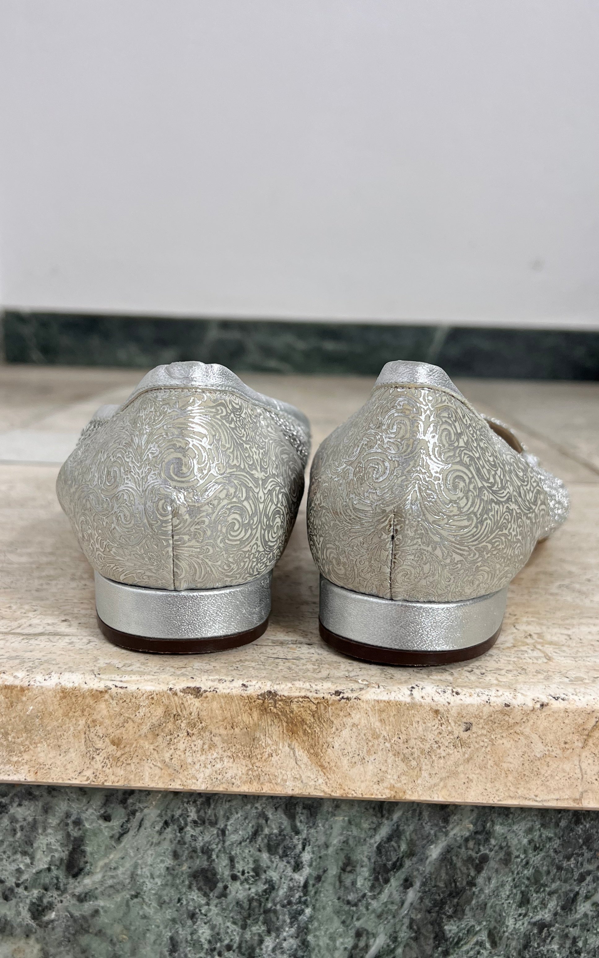 Vintage Brunella Silver Brocade and Mesh Loafers 40