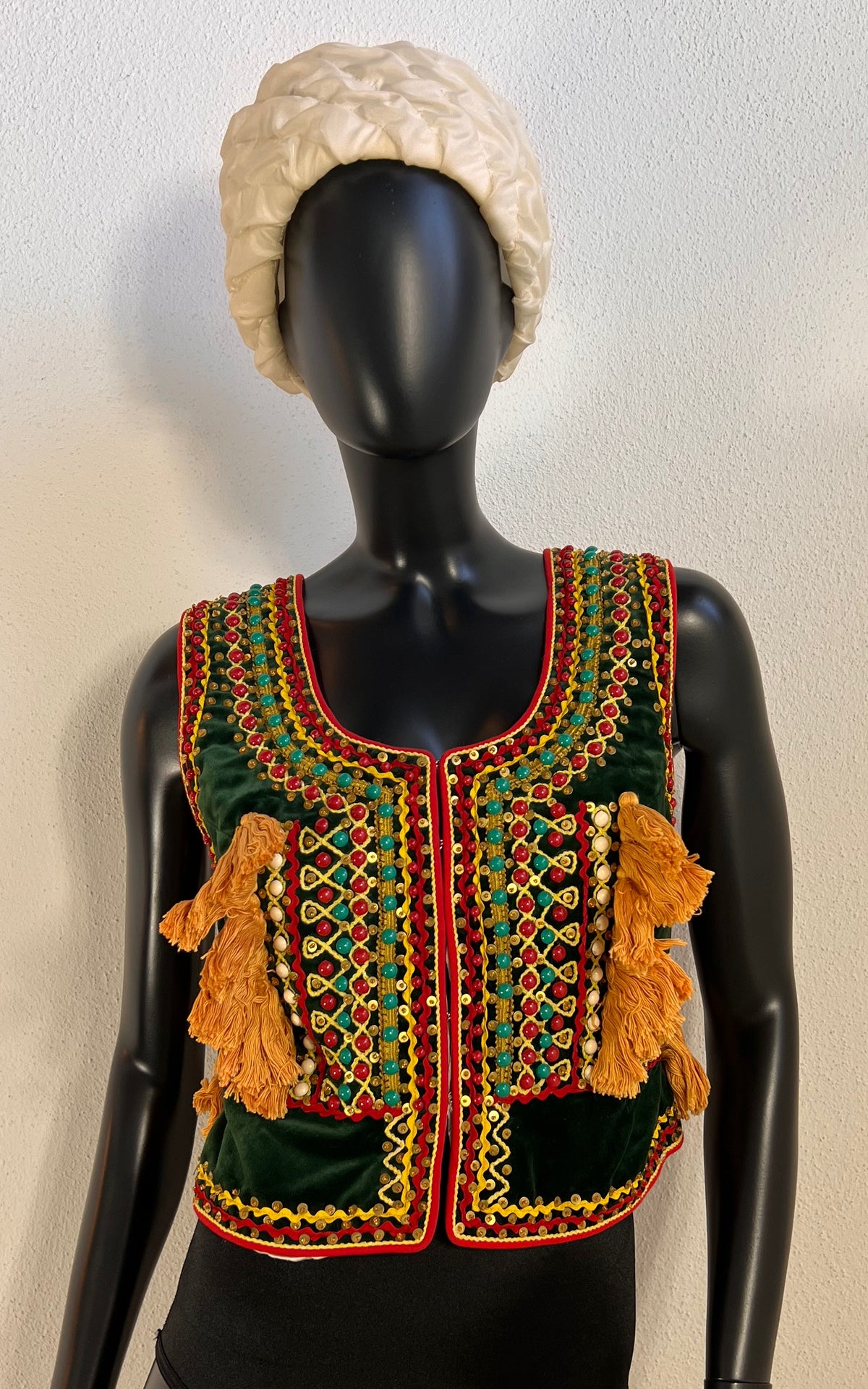 Vintage Embellished Green Velvet Polish Folk Vest with Beads and Tassels