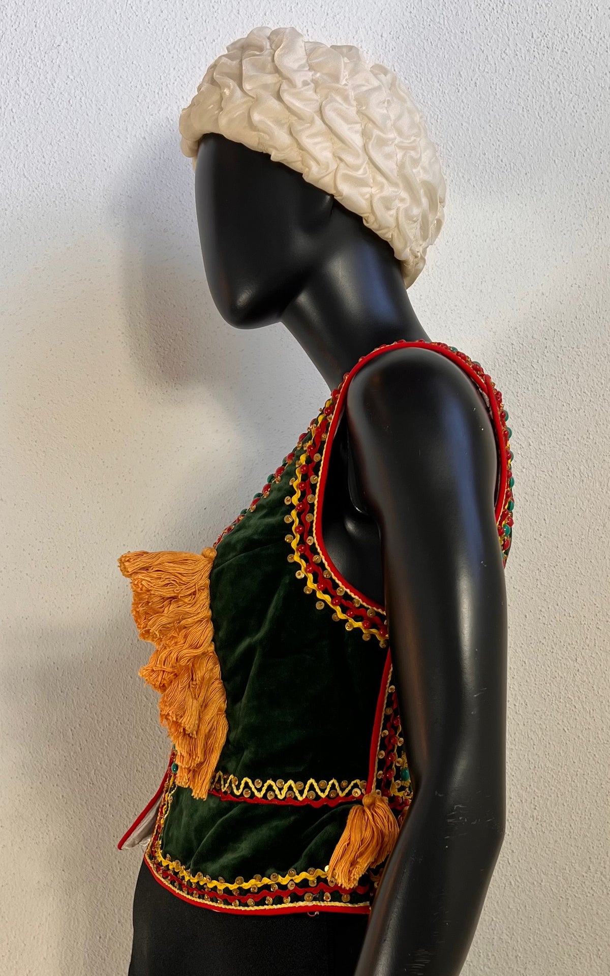 Vintage Embellished Green Velvet Polish Folk Vest with Beads and Tassels