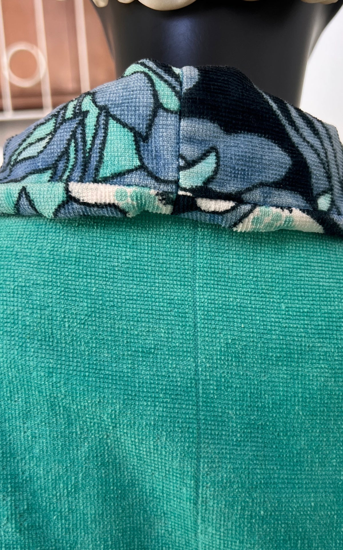 Vintage 1970s Turquoise Floral Velour Maxi Coat