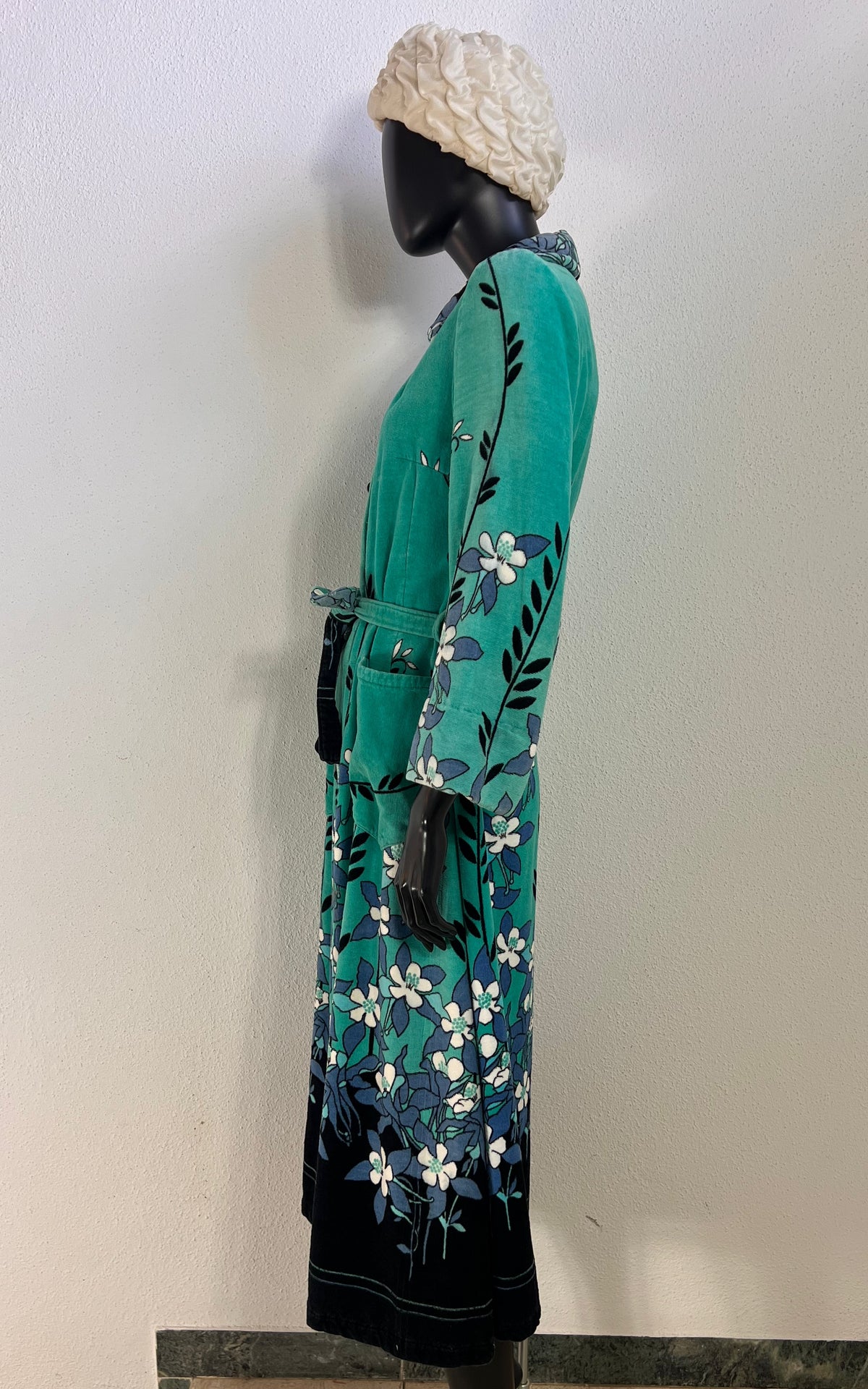Vintage 1970s Turquoise Floral Velour Maxi Coat