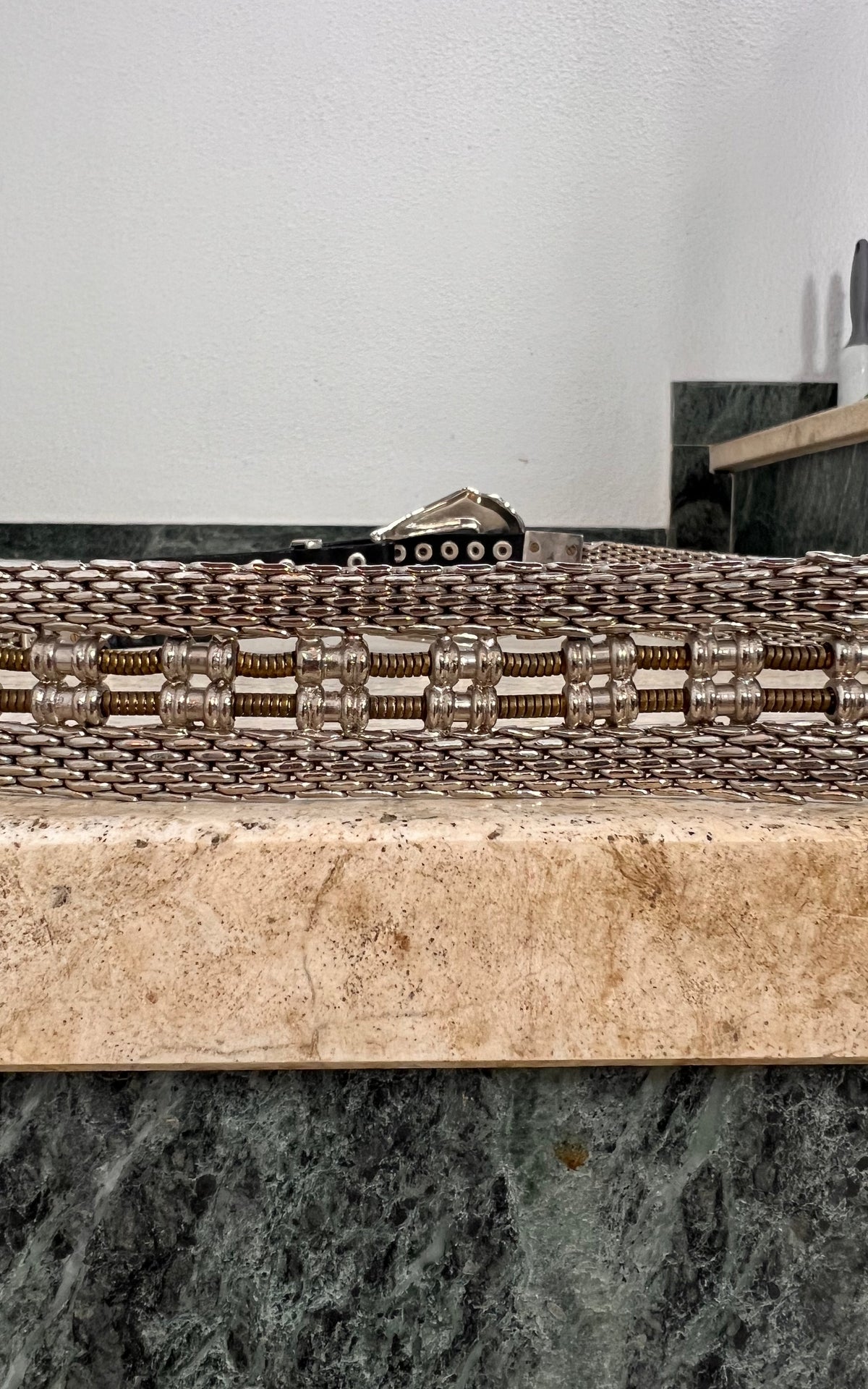 Vintage Silver-Tone Metal Chain Belt with Black Leather