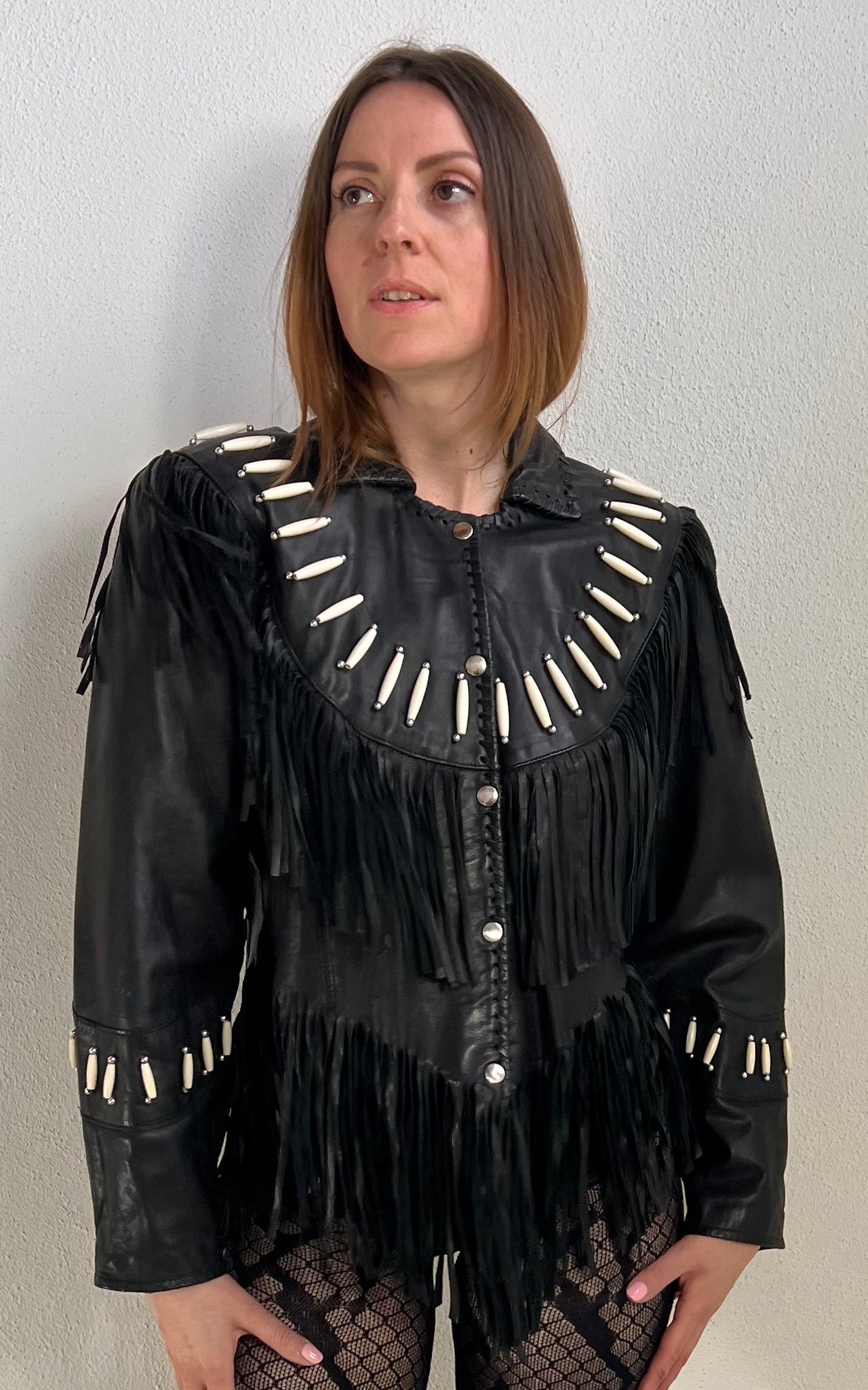 Vintage Black Leather Fringe Jacket with Bone Details