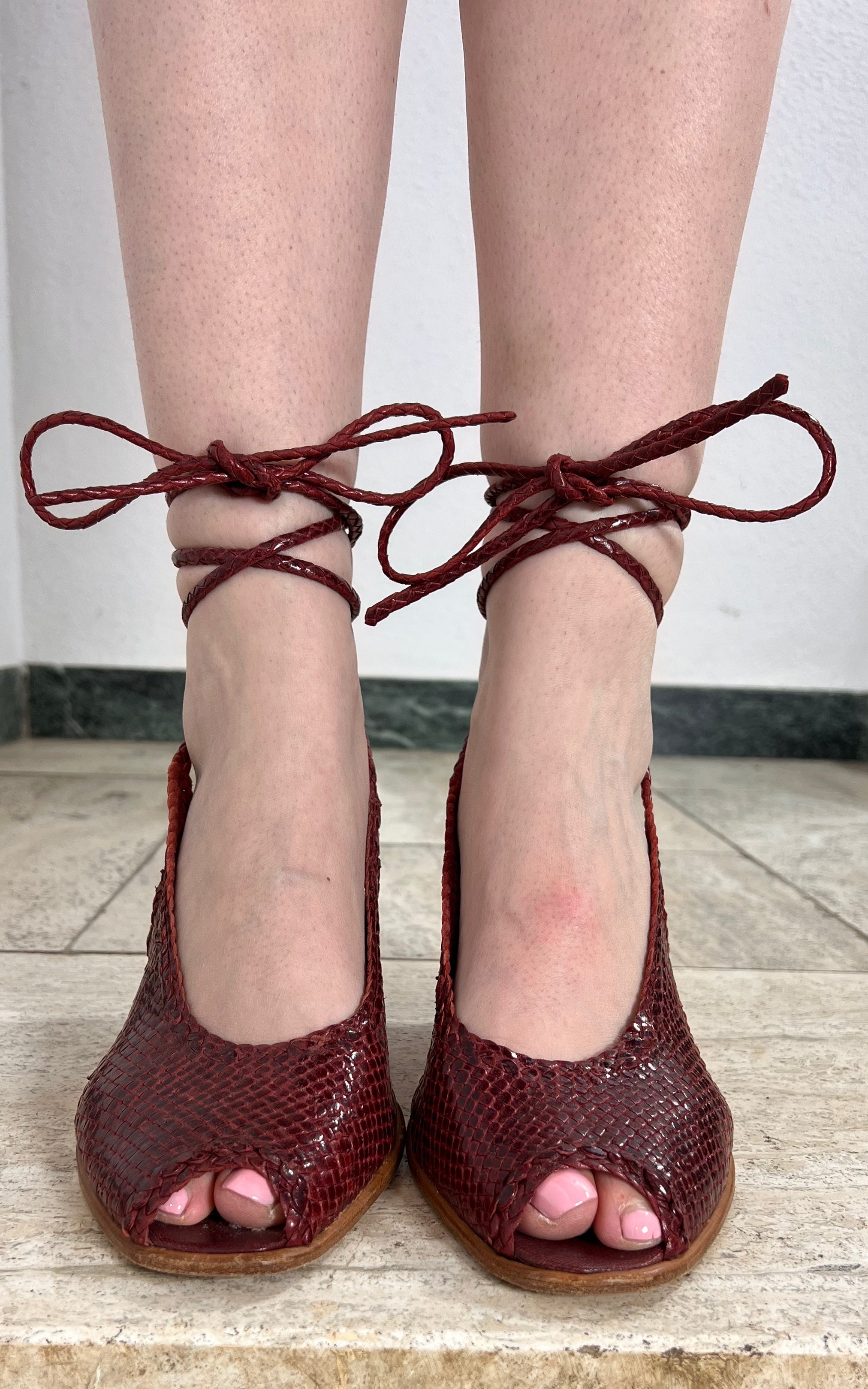 Vintage Burgundy Woven Lace-up Heels 40